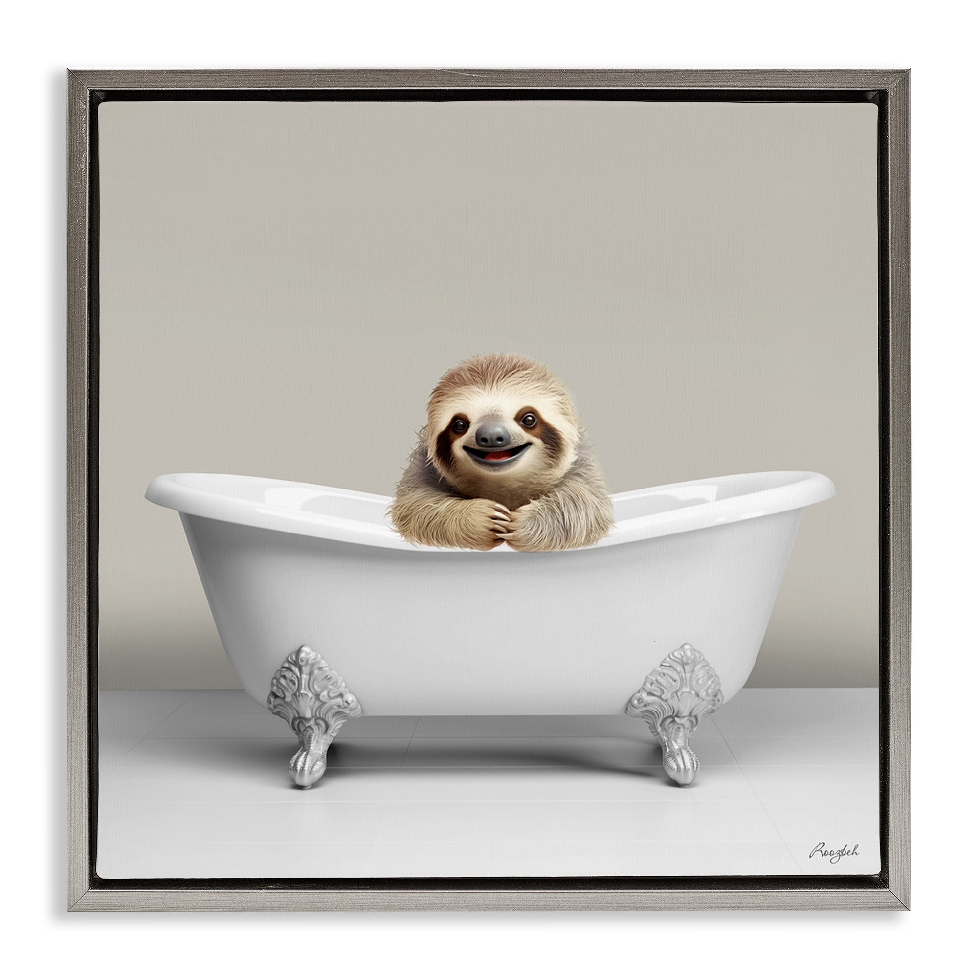 Stupell Industries Happy Sloth in Bathtub Animals & Insects Painting Gray Floater Framed Canvas Art Print Wall Art, 25 x 25