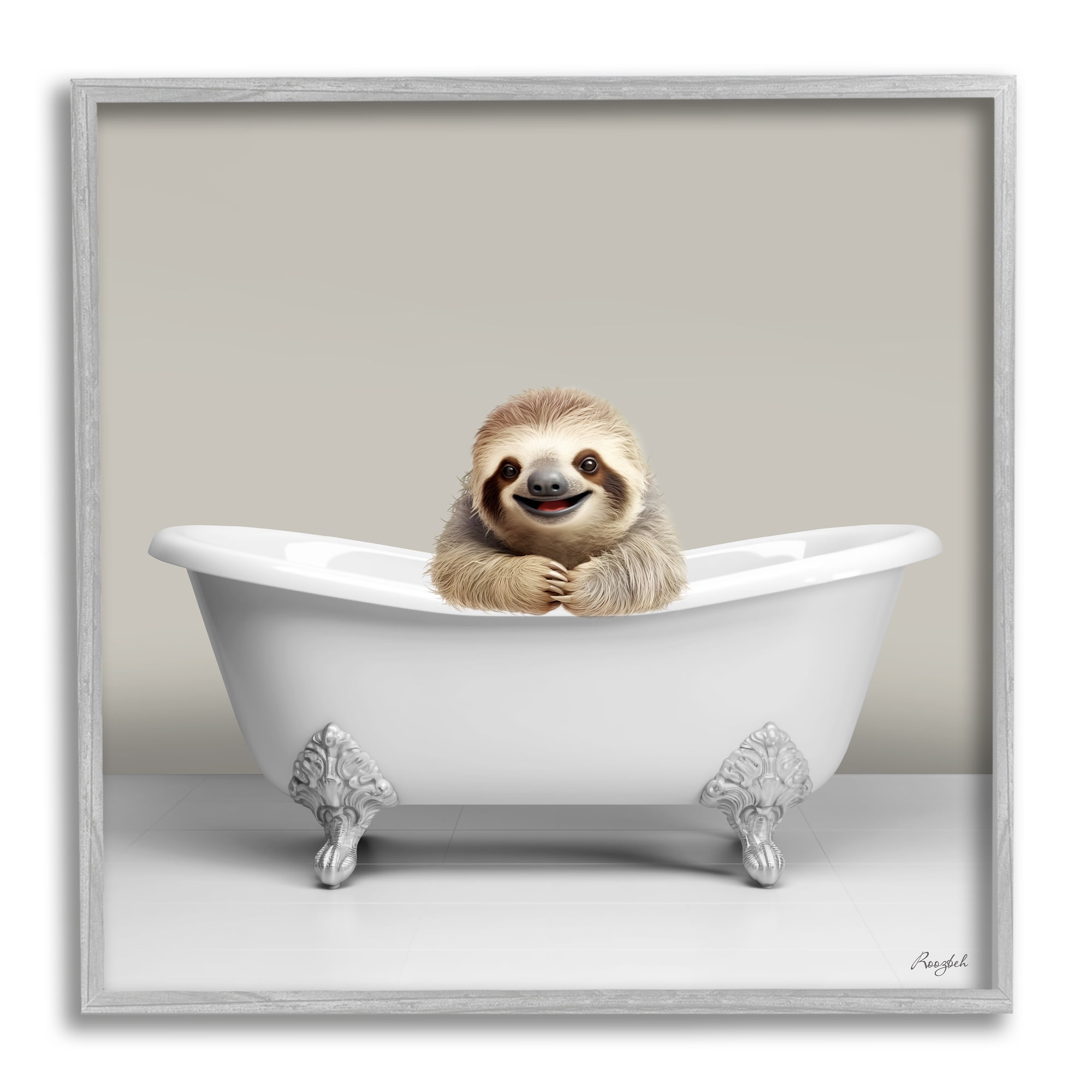 Stupell Industries Happy Sloth in Bathtub Animals & Insects Painting Gray Framed Art Print Wall Art, 12 x 12