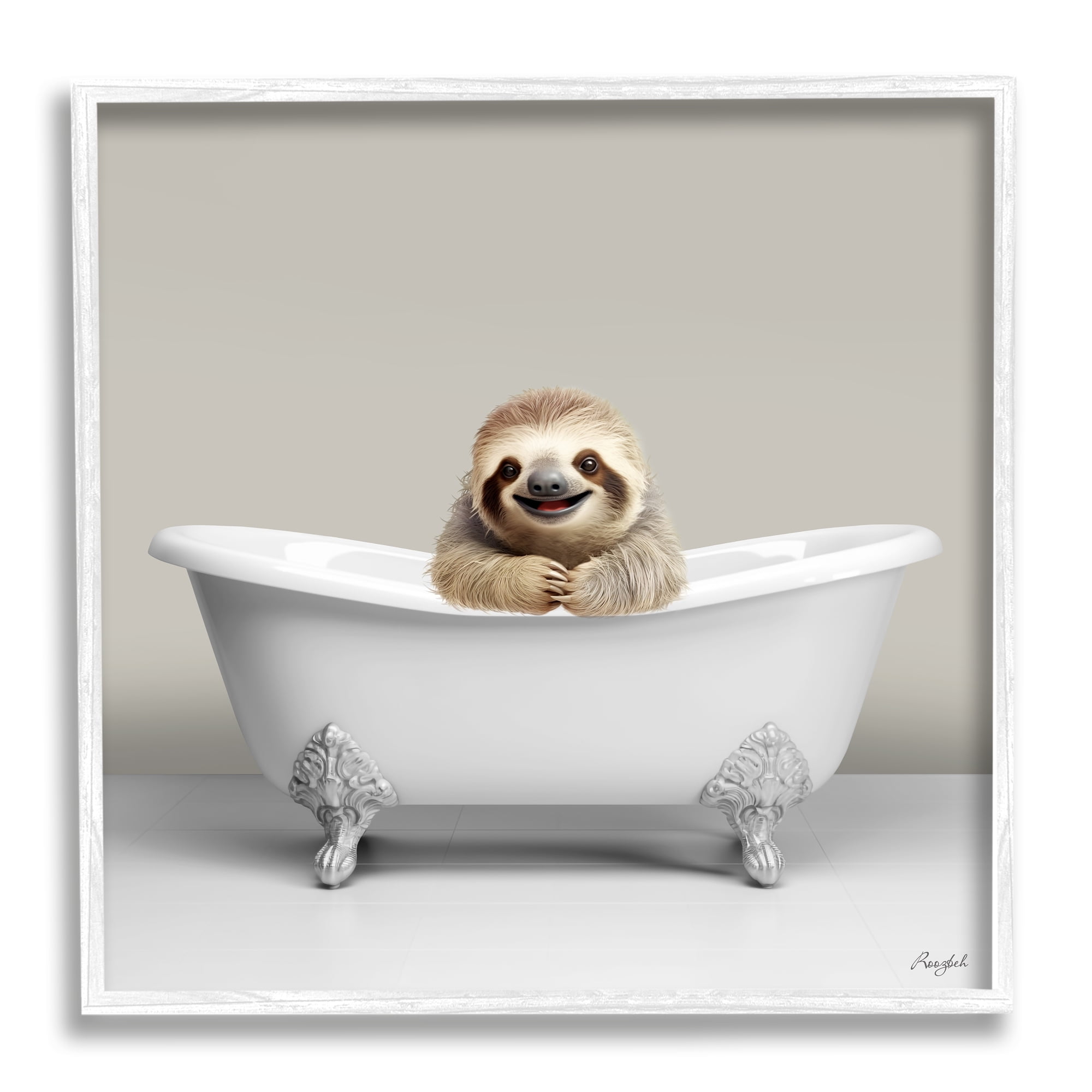 Stupell Industries Happy Sloth in Bathtub Animals & Insects Painting White Framed Art Print Wall Art, 17 x 17