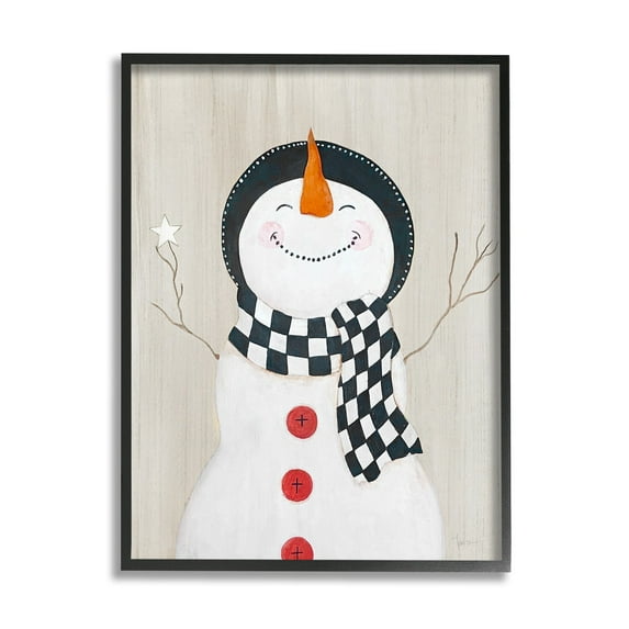 Stupell Industries Happy Smile Winter Snowman Holiday Painting Black Framed Art Print Wall Art