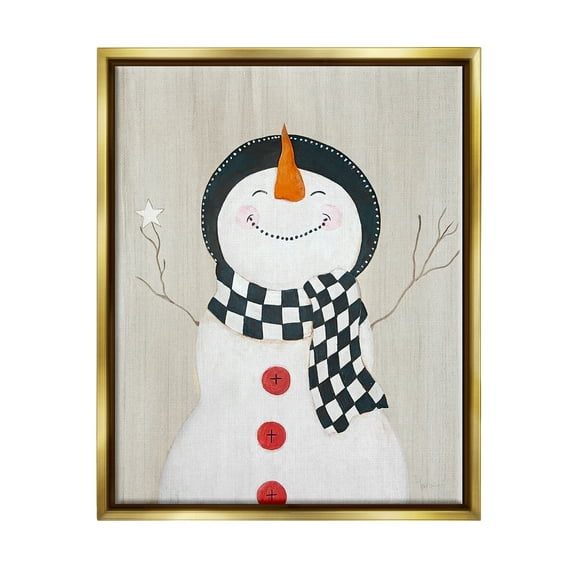 Stupell Industries Happy Smile Winter Snowman Holiday Painting Gold Floater Framed Art Print Wall Art