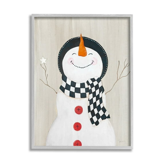 Stupell Industries Happy Smile Winter Snowman Holiday Painting Gray Framed Art Print Wall Art