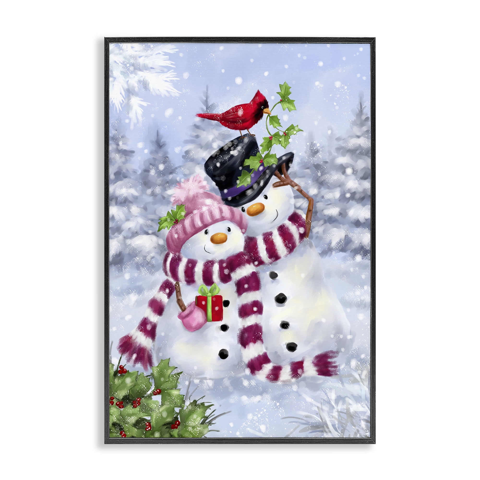 Stupell Industries Happy Snowman & Cardinal Holiday Painting Black Framed Art Prints Wall Art, 20 x 30