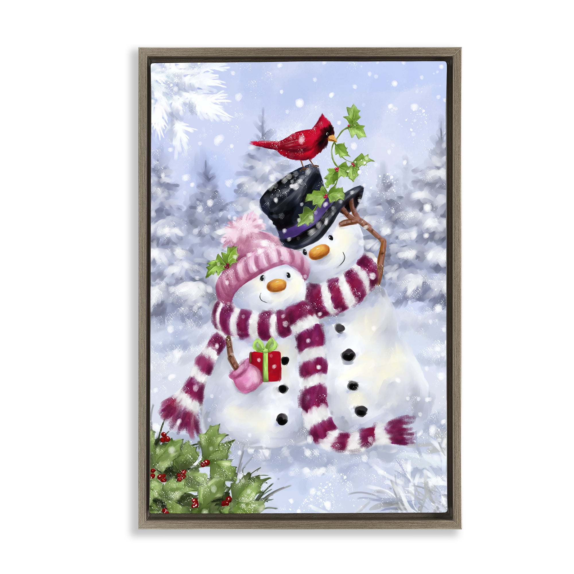 Stupell Industries Happy Snowman & Cardinal Holiday Painting Brown Floater Framed Canvas Art Prints Wall Art, 17 x 25
