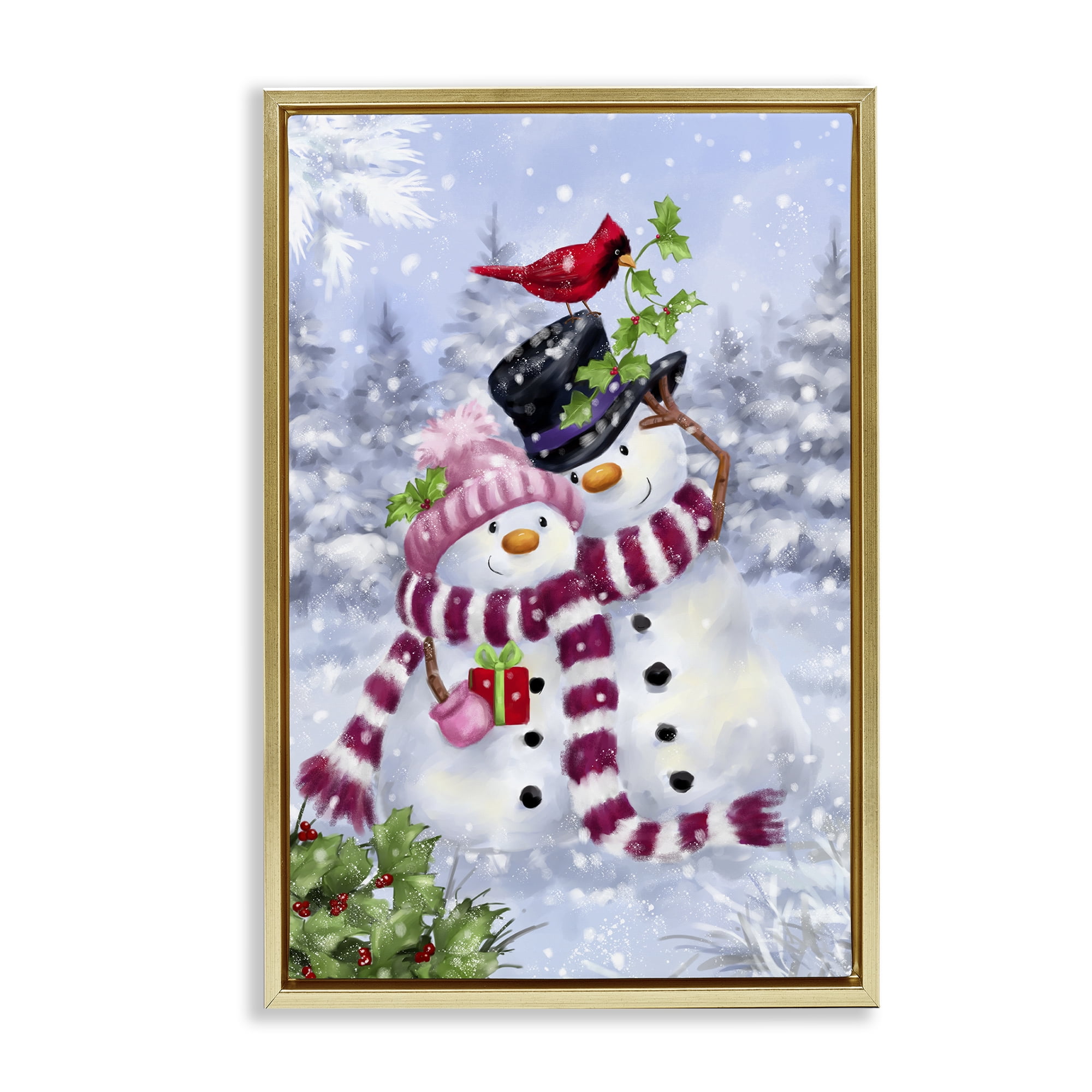 Stupell Industries Happy Snowman & Cardinal Holiday Painting Gold Floater Framed Canvas Art Prints Wall Art, 21 x 31