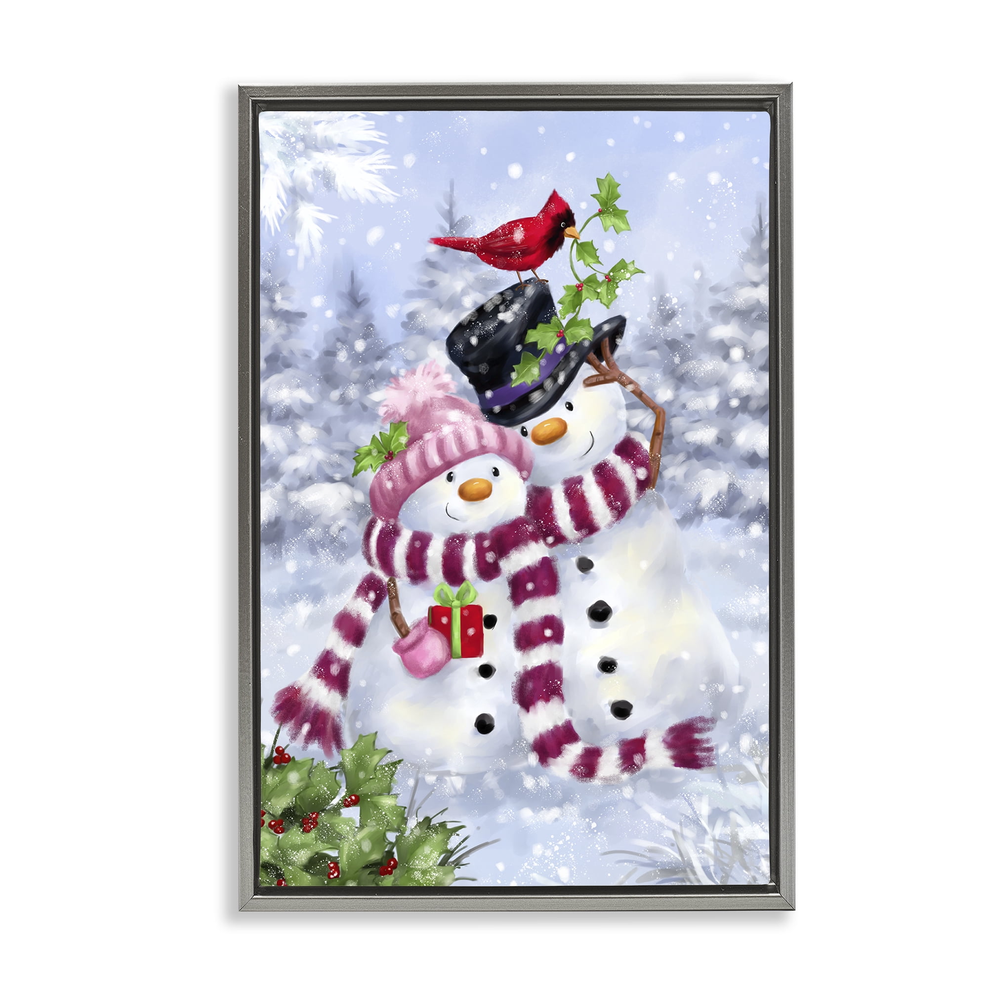 Stupell Industries Happy Snowman & Cardinal Holiday Painting Gray Floater Framed Canvas Art Prints Wall Art, 17 x 25