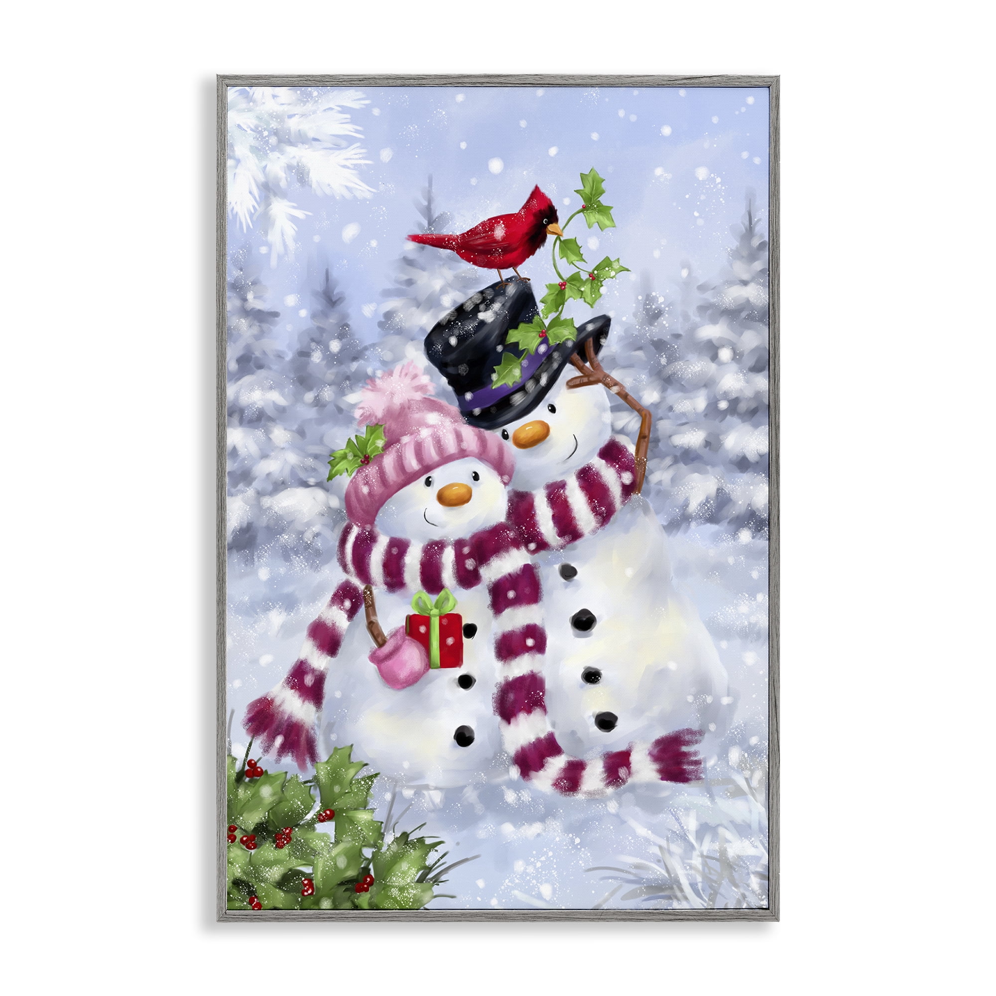 Stupell Industries Happy Snowman & Cardinal Holiday Painting Gray Framed Art Prints Wall Art, 16 x 24