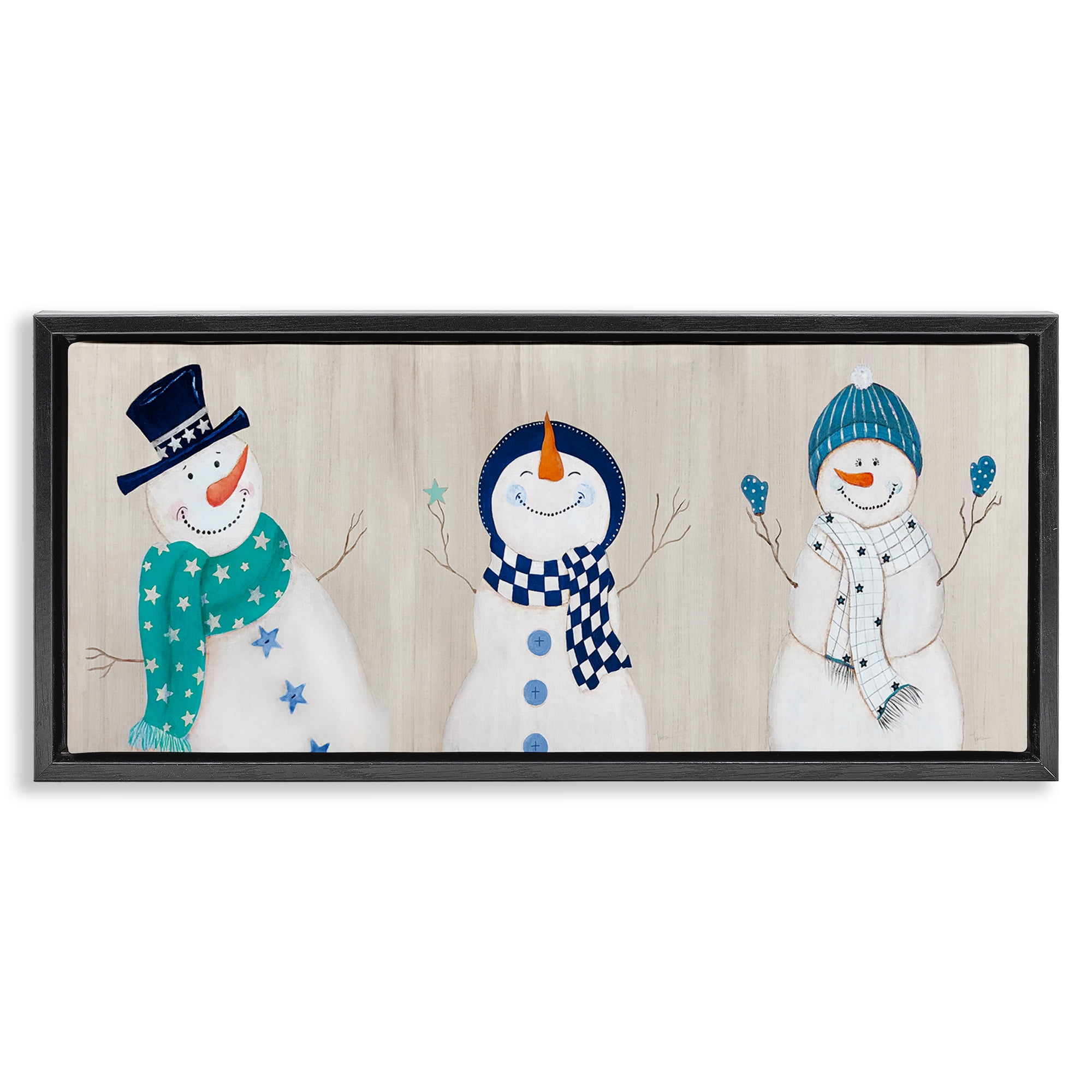 Stupell Industries Happy Snowman Trio Holiday Painting Black Floater Framed Canvas Art Prints Wall Art, 31 x 14