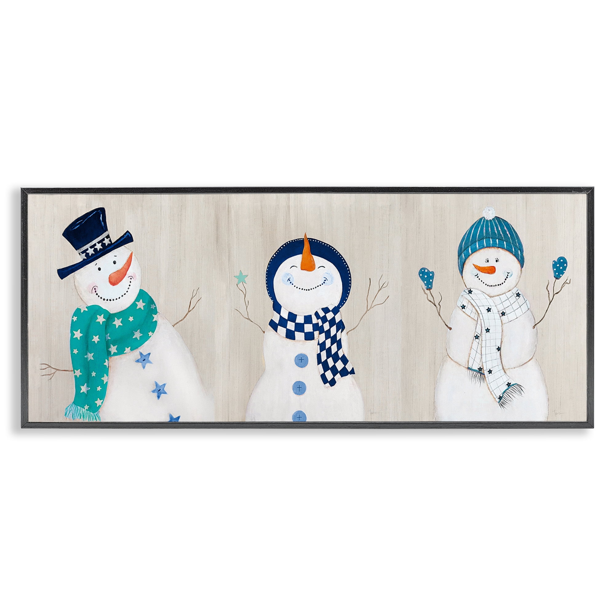 Stupell Industries Happy Snowman Trio Holiday Painting Black Framed Art Prints Wall Art, 24 x 10