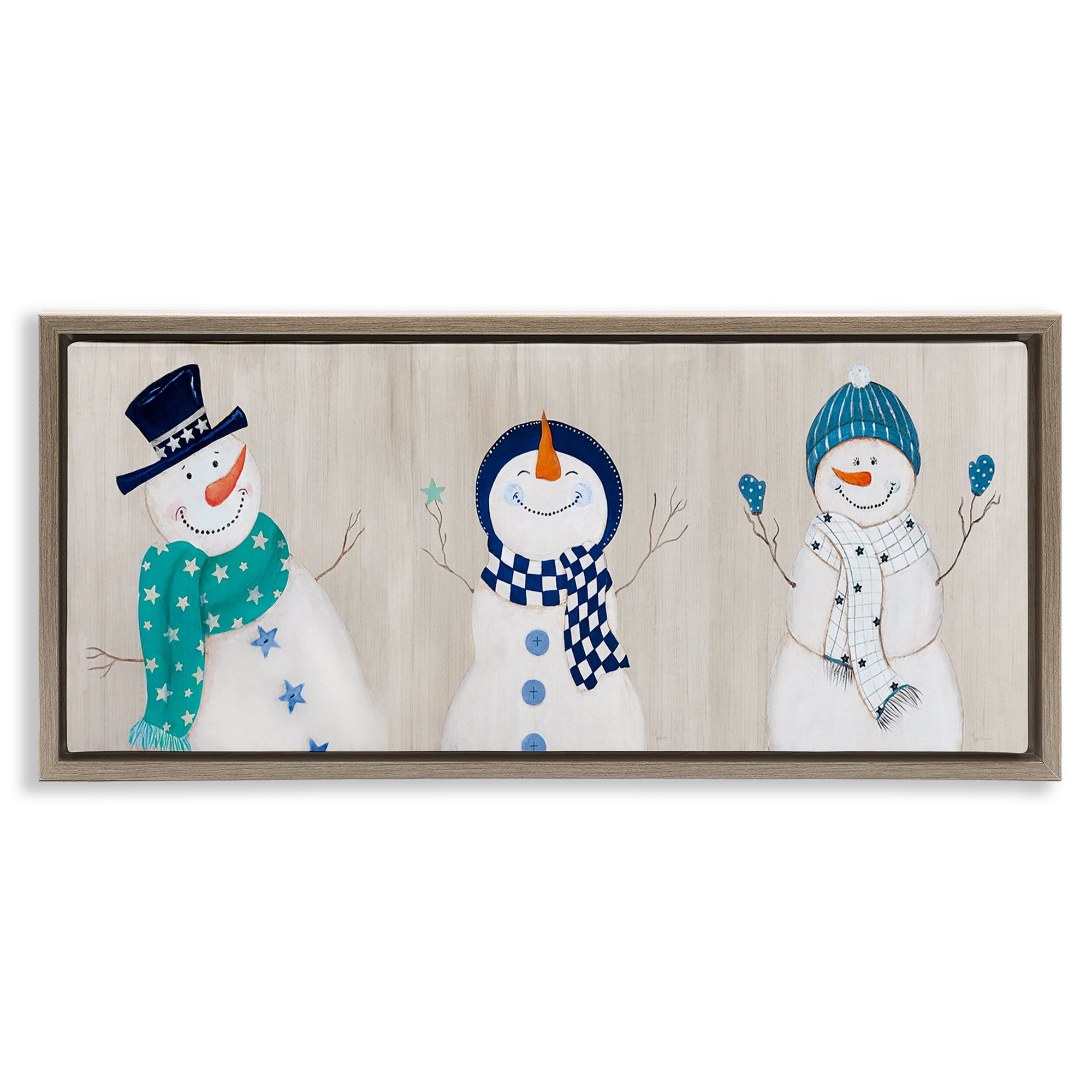 Stupell Industries Happy Snowman Trio Holiday Painting Brown Floater Framed Canvas Art Prints Wall Art, 31 x 14