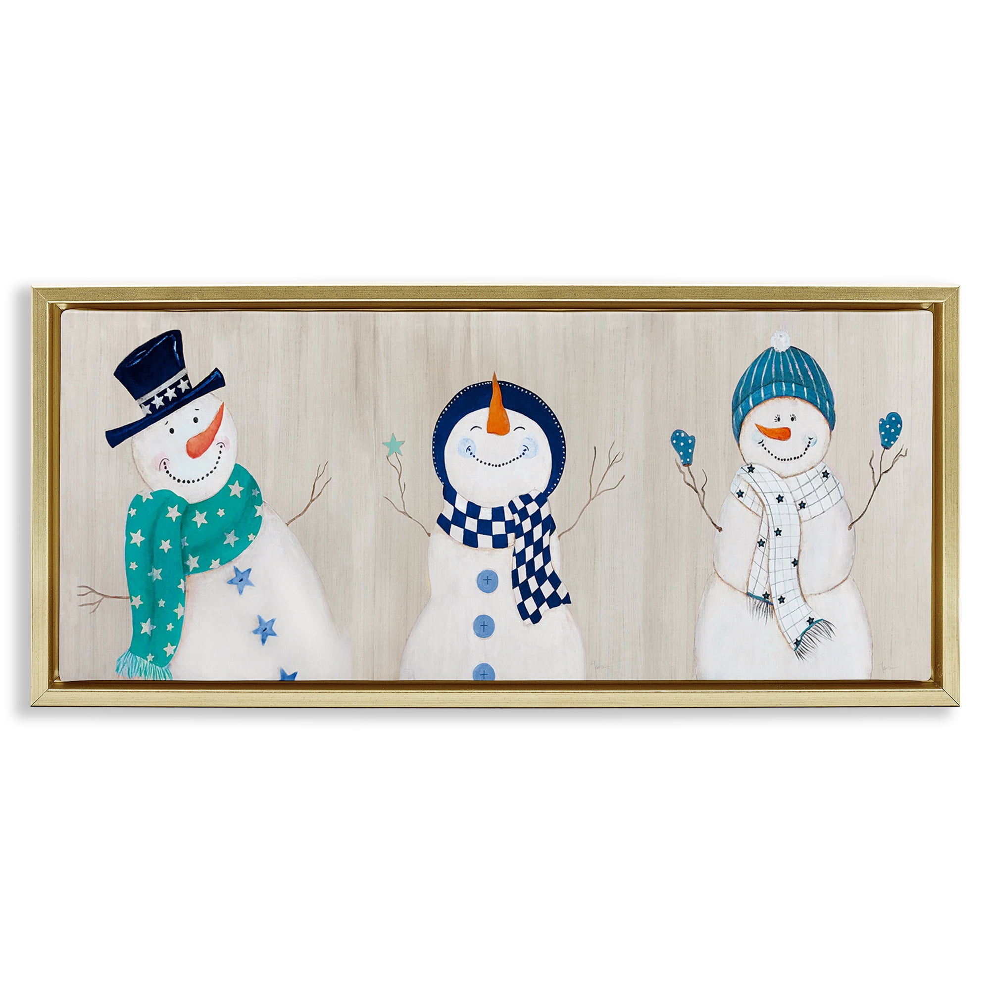 Stupell Industries Happy Snowman Trio Holiday Painting Gold Floater Framed Canvas Art Prints Wall Art, 25 x 11