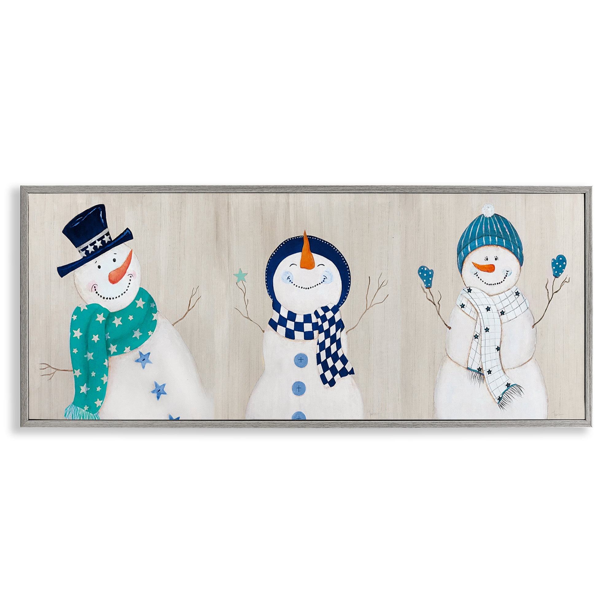 Stupell Industries Happy Snowman Trio Holiday Painting Gray Framed Art Prints Wall Art, 30 x 13