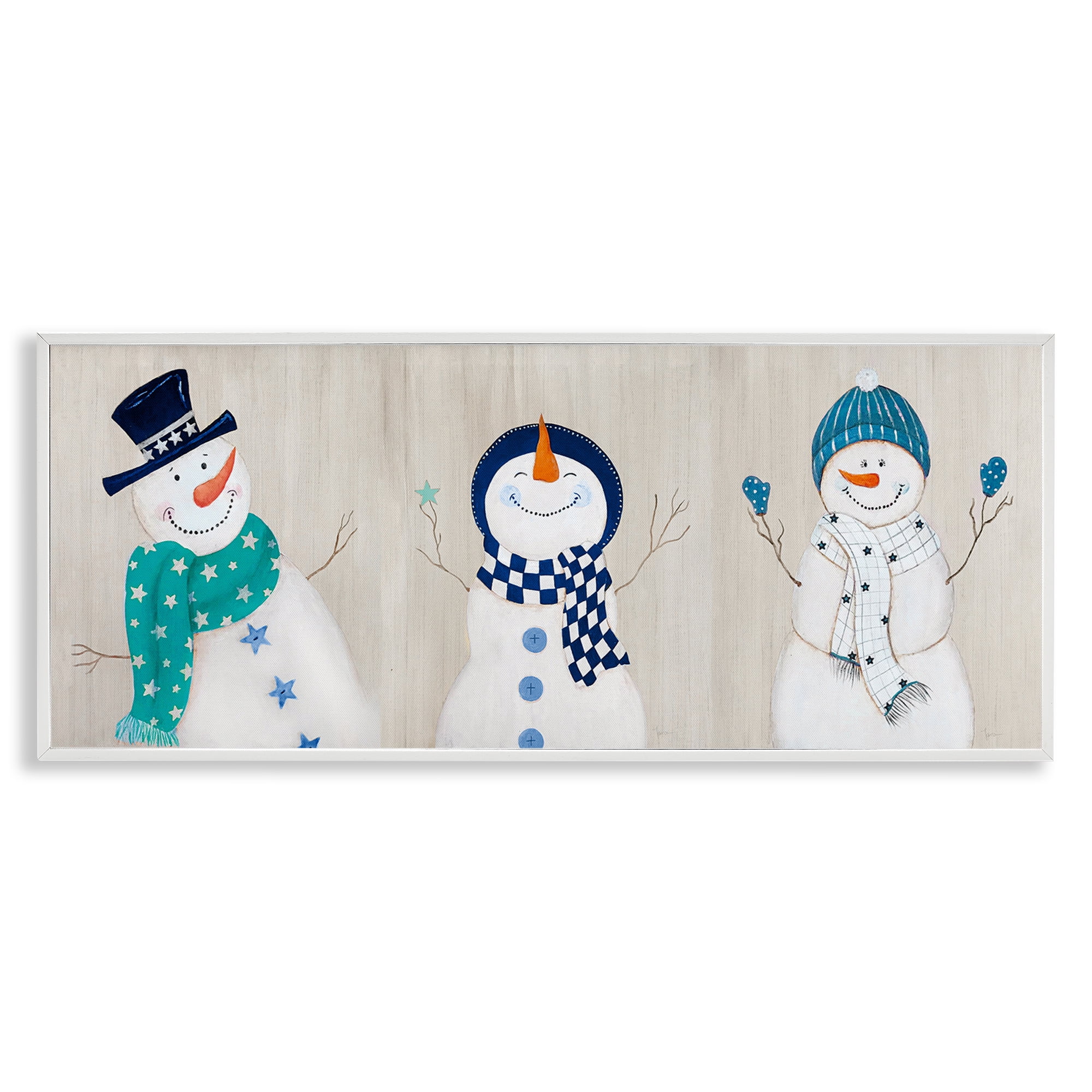 Stupell Industries Happy Snowman Trio Holiday Painting White Framed Art Prints Wall Art, 30 x 13