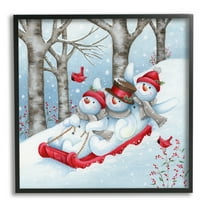 Stupell Industries Happy Snowman Trio Sledding Holiday Painting Black Framed Art Print Wall Art, 12 x 12