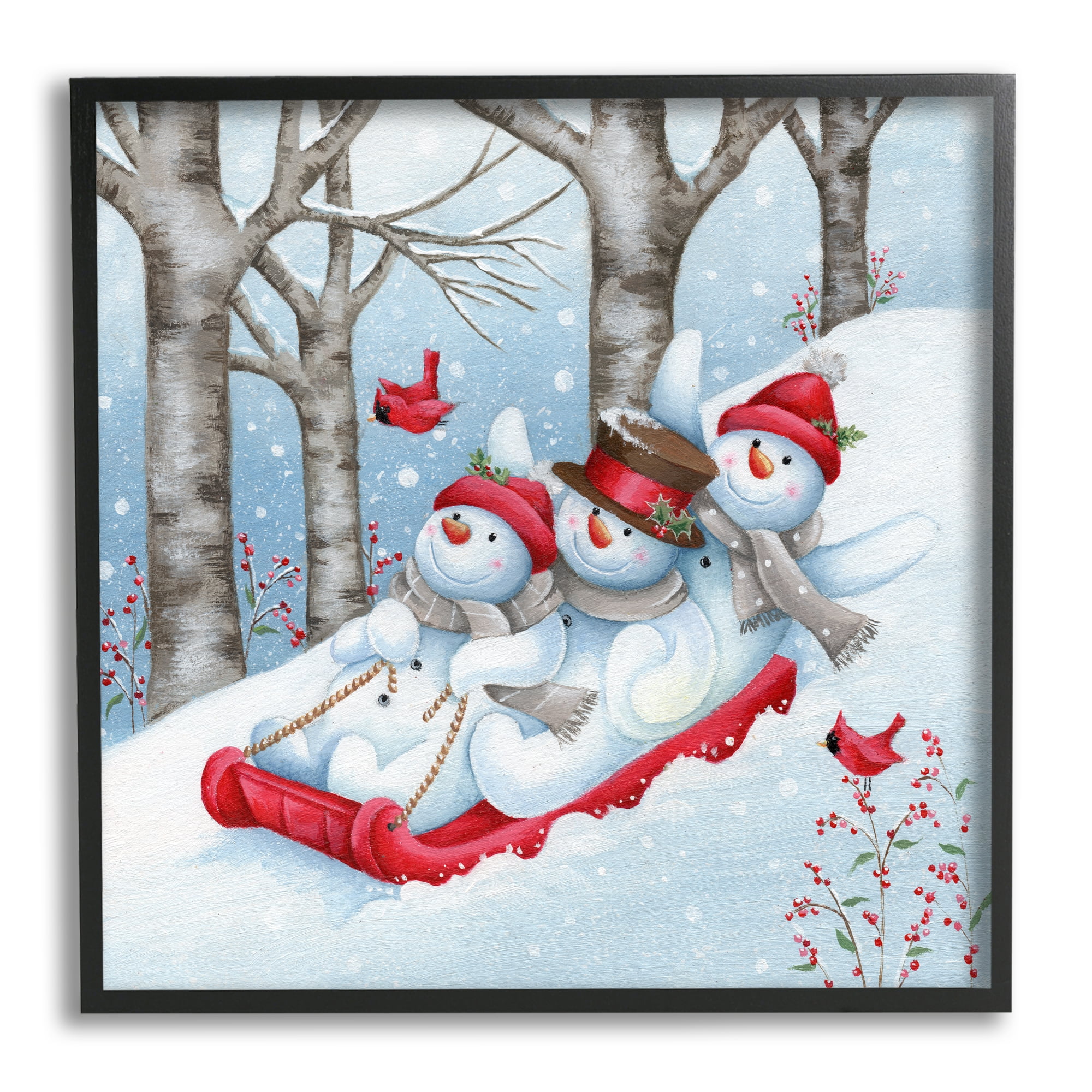 Stupell Industries Happy Snowman Trio Sledding Holiday Painting Black Framed Art Print Wall Art, 17 x 17
