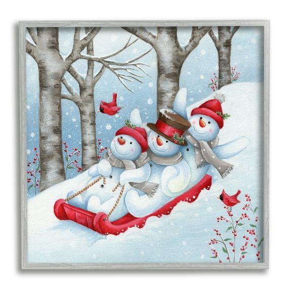 Stupell Industries Happy Snowman Trio Sledding Holiday Painting Gray Framed Art Print Wall Art, 24 x 24