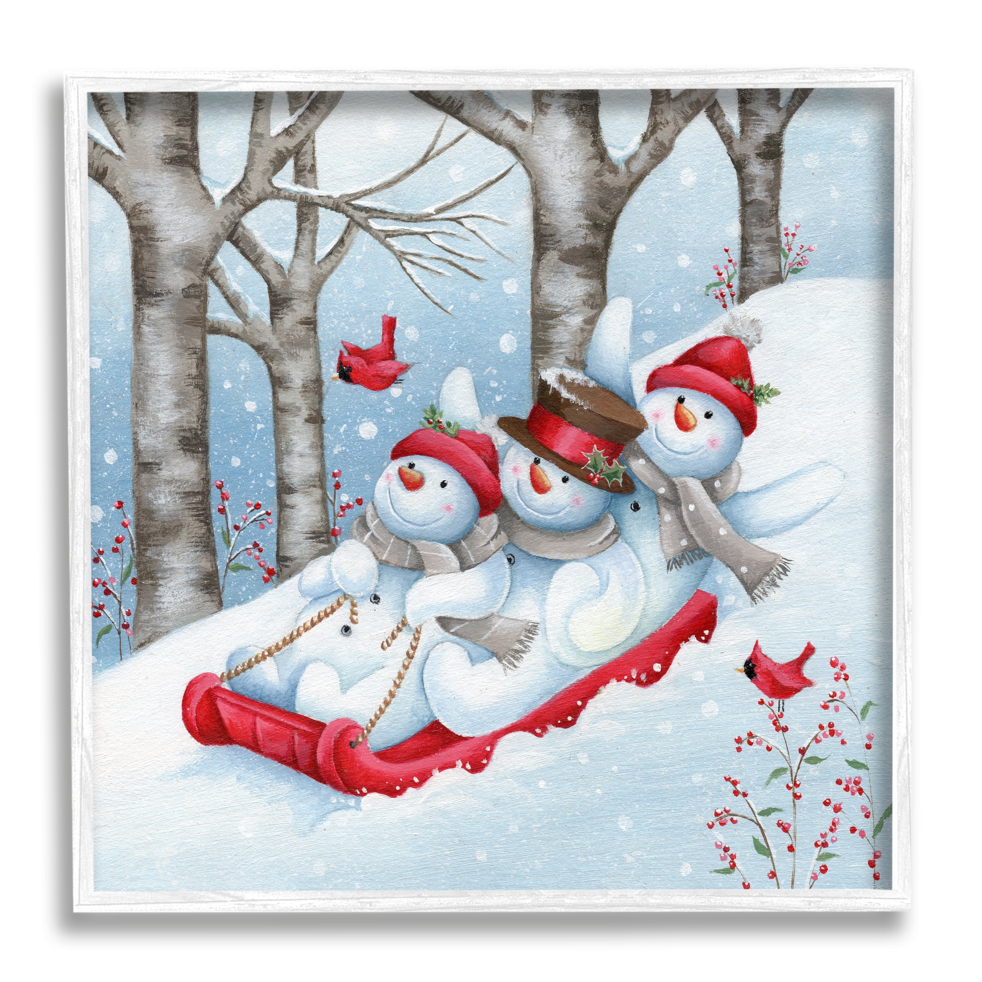 Stupell Industries Happy Snowman Trio Sledding Holiday Painting White Framed Art Print Wall Art, 12 x 12