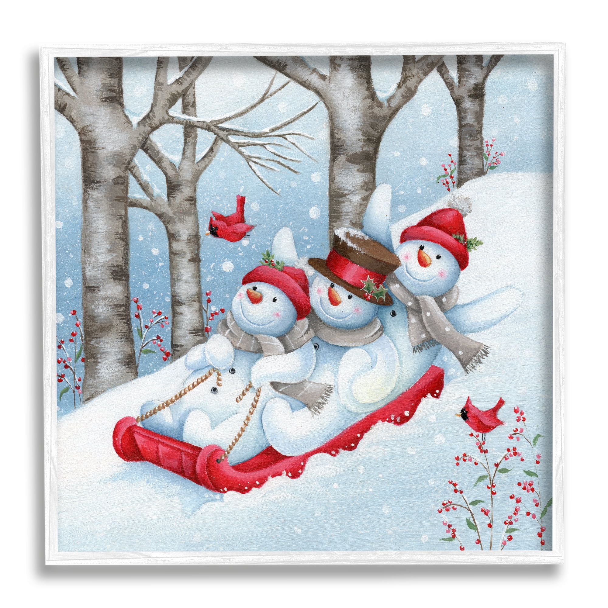 Stupell Industries Happy Snowman Trio Sledding Holiday Painting White Framed Art Print Wall Art, 17 x 17