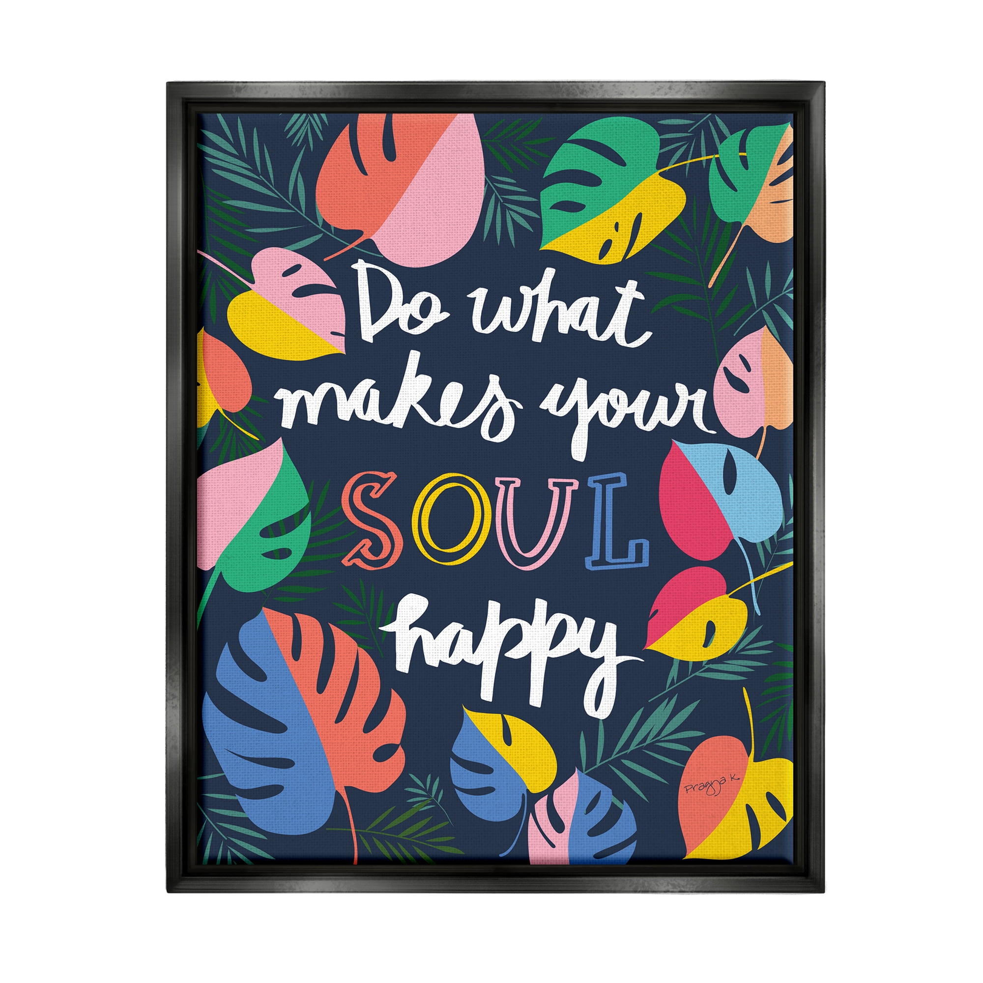 Stupell Industries Happy Soul Phrase Botanical & Floral Painting Black Floater Framed Canvas Art Print Wall Art, 25 x 31