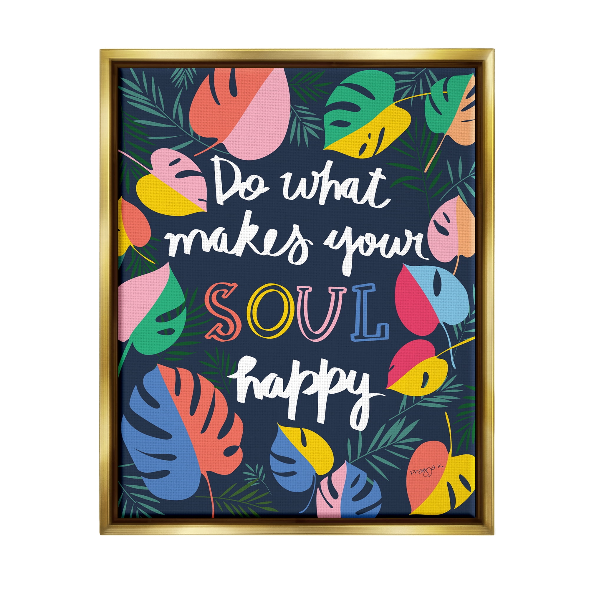 Stupell Industries Happy Soul Phrase Botanical & Floral Painting Gold Floater Framed Canvas Art Print Wall Art, 17 x 21