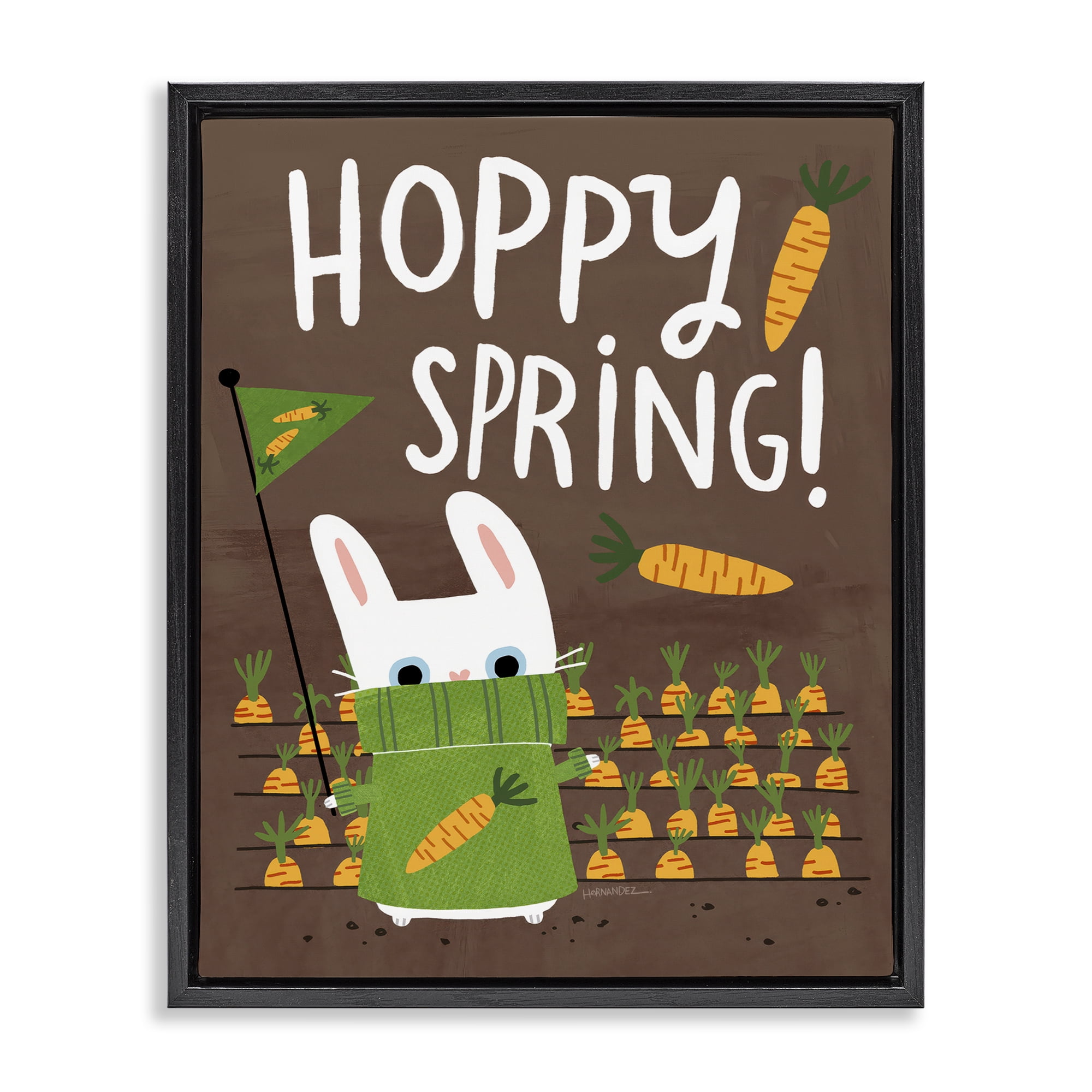 Stupell Industries Happy Spring Bunny & Carrots Animals Painting Black Floater Framed Canvas Art Print Wall Art, 17 x 21