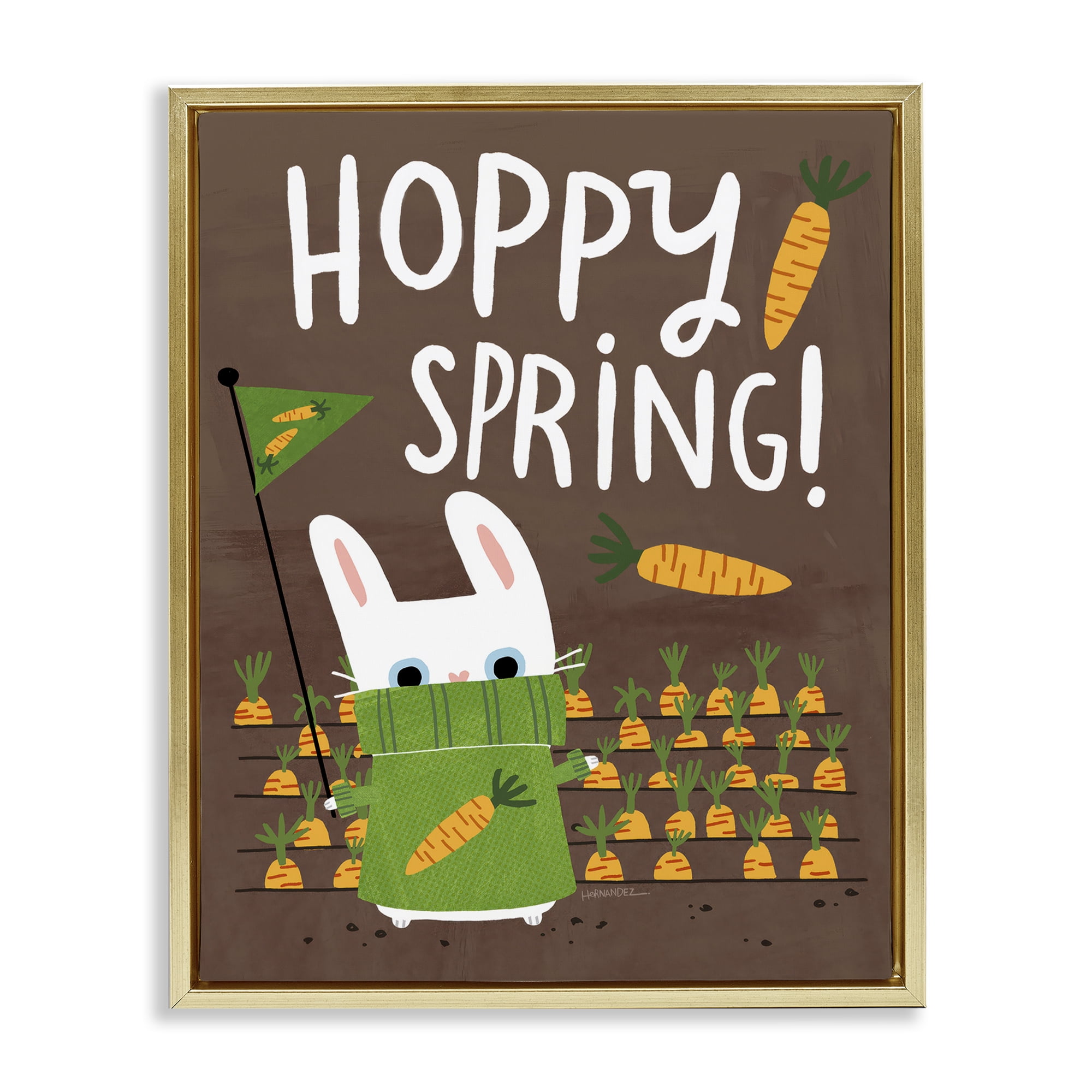 Stupell Industries Happy Spring Bunny & Carrots Animals Painting Gold Floater Framed Canvas Art Print Wall Art, 25 x 31