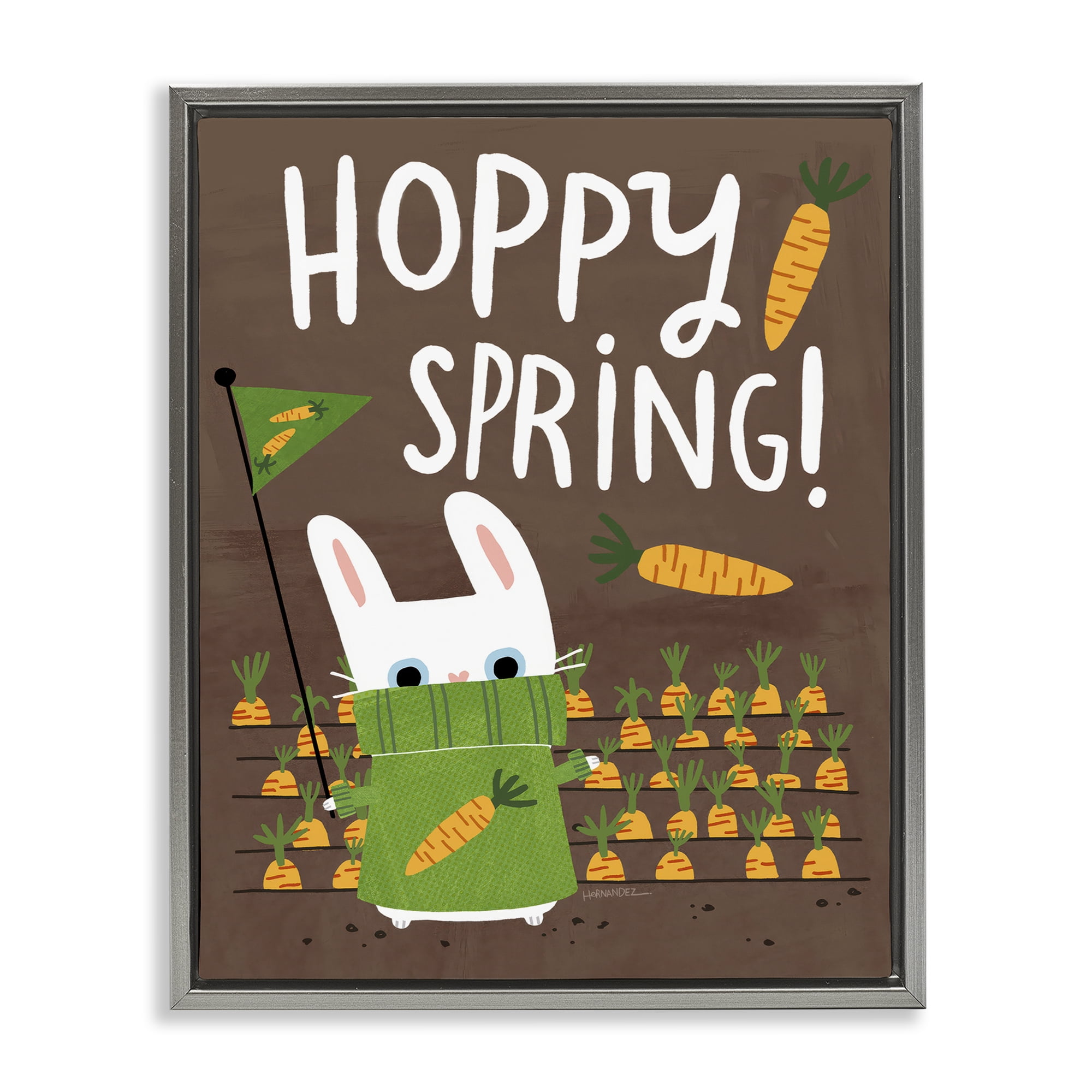 Stupell Industries Happy Spring Bunny & Carrots Animals Painting Gray Floater Framed Canvas Art Print Wall Art, 17 x 21
