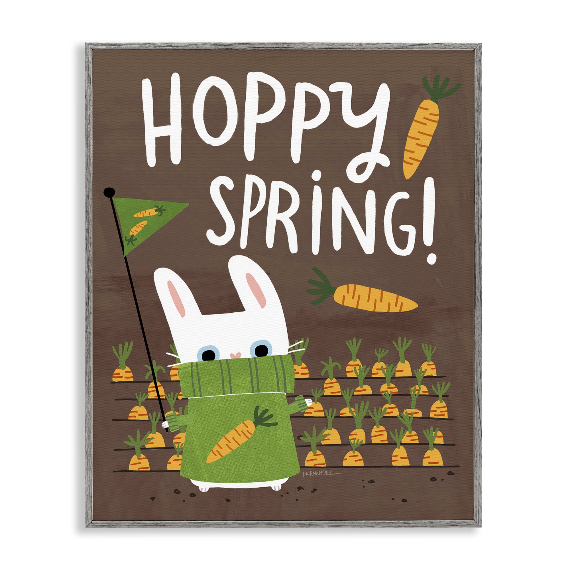 Stupell Industries Happy Spring Bunny & Carrots Animals Painting Gray Framed Art Print Wall Art, 16 x 20