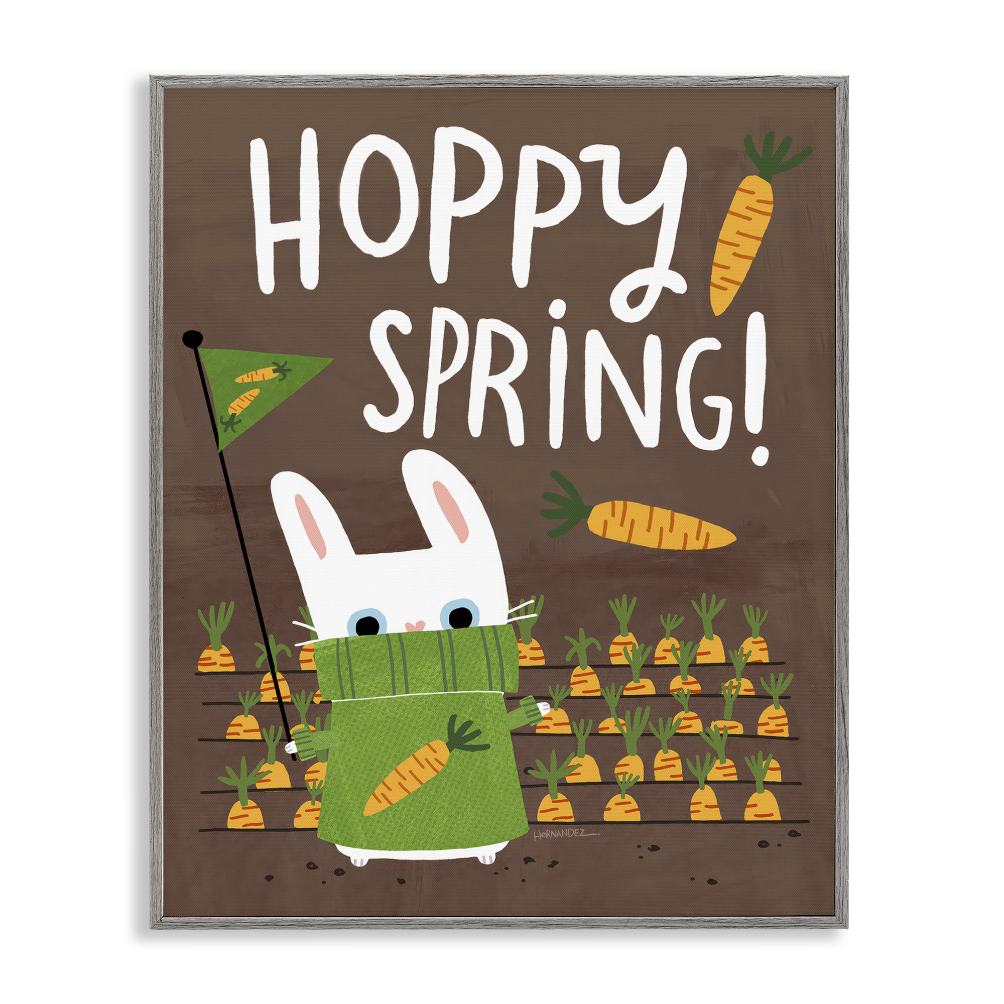 Stupell Industries Happy Spring Bunny & Carrots Animals Painting Gray Framed Art Print Wall Art, 24 x 30