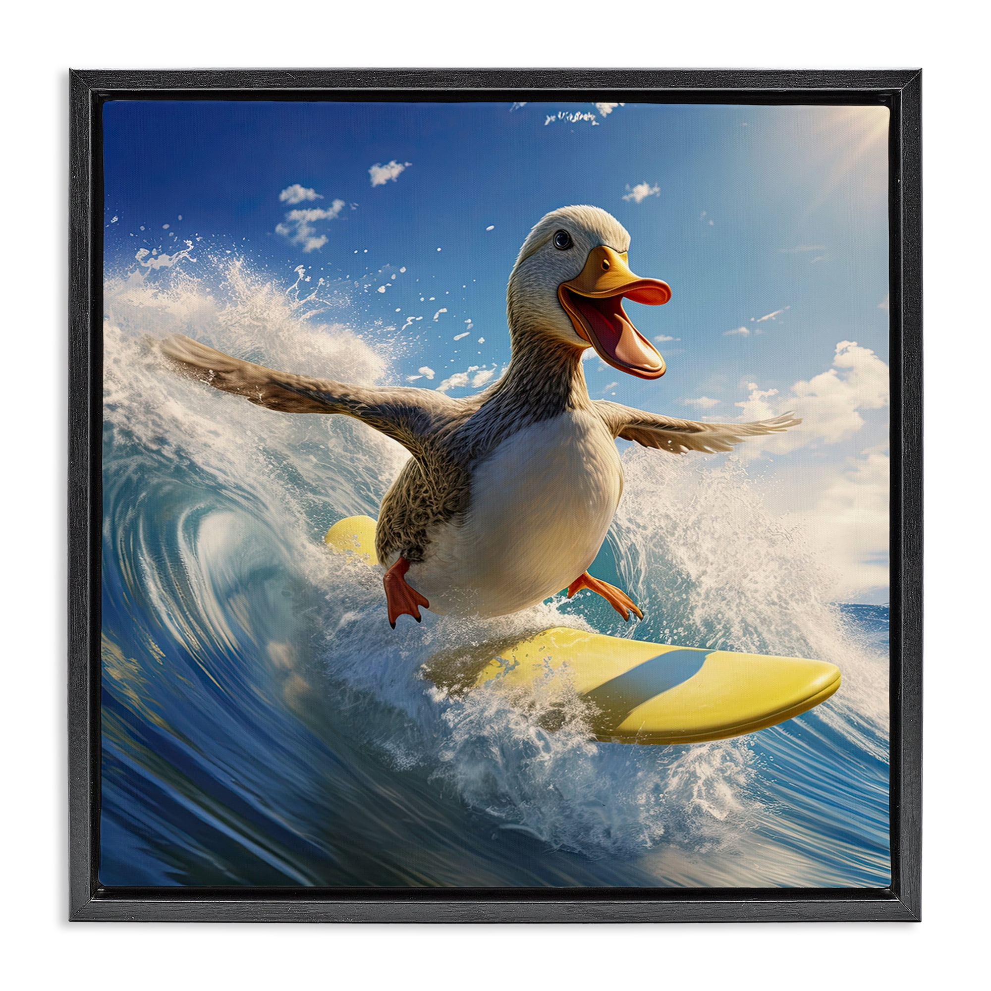 Stupell Industries Happy Surfing Duck Coastal Painting Black Floater Framed Canvas Art Print Wall Art, 25 x 25