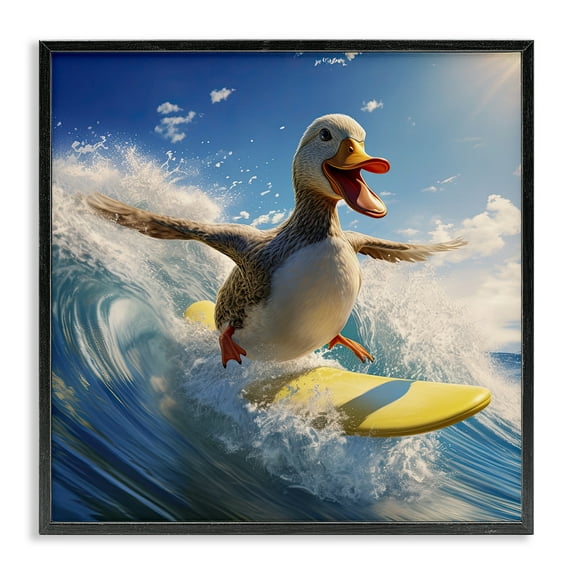 Stupell Industries Happy Surfing Duck Coastal Painting Black Framed Art Print Wall Art, 17 x 17