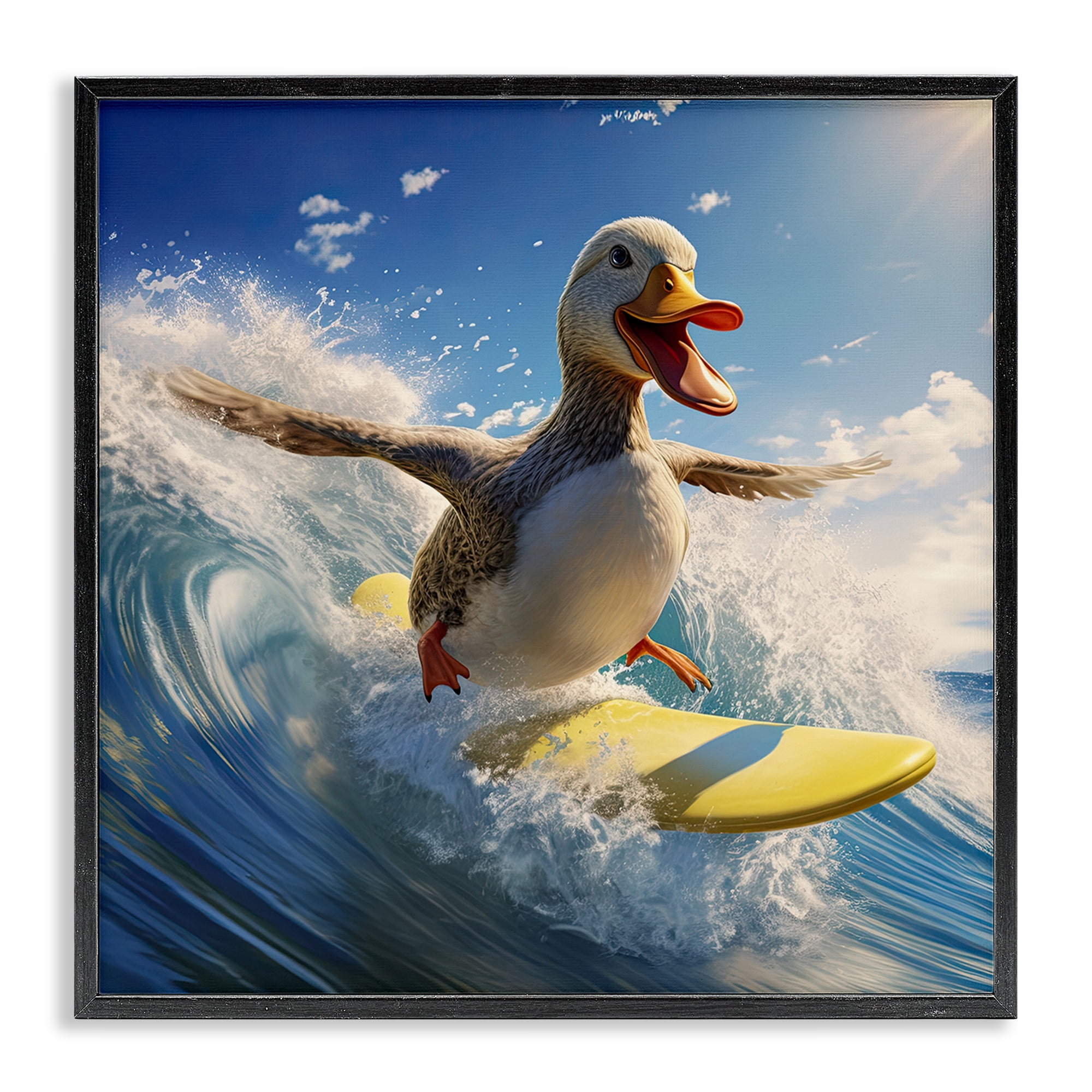 Stupell Industries Happy Surfing Duck Coastal Painting Black Framed Art Print Wall Art, 24 x 24