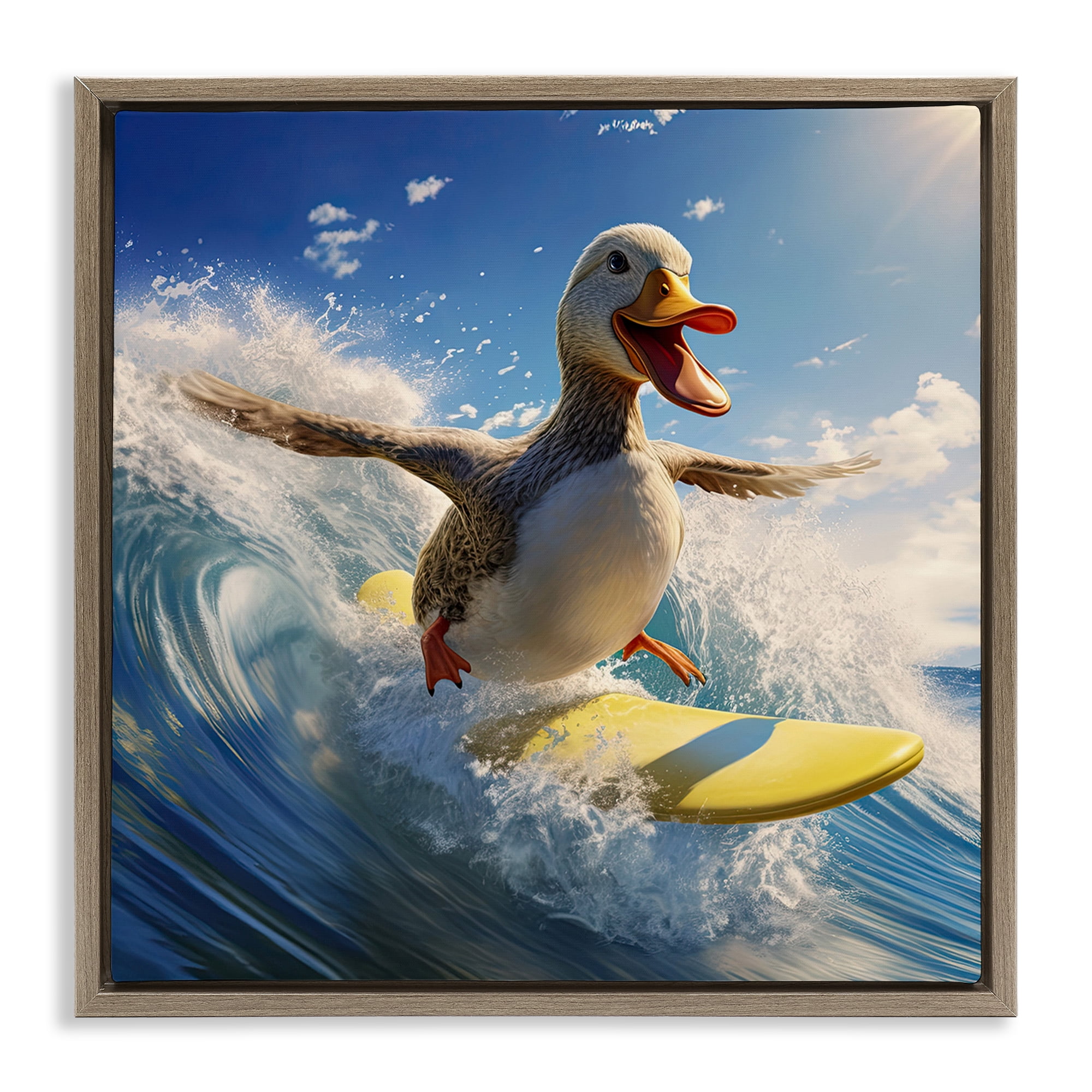 Stupell Industries Happy Surfing Duck Coastal Painting Brown Floater Framed Canvas Art Print Wall Art, 18 x 18