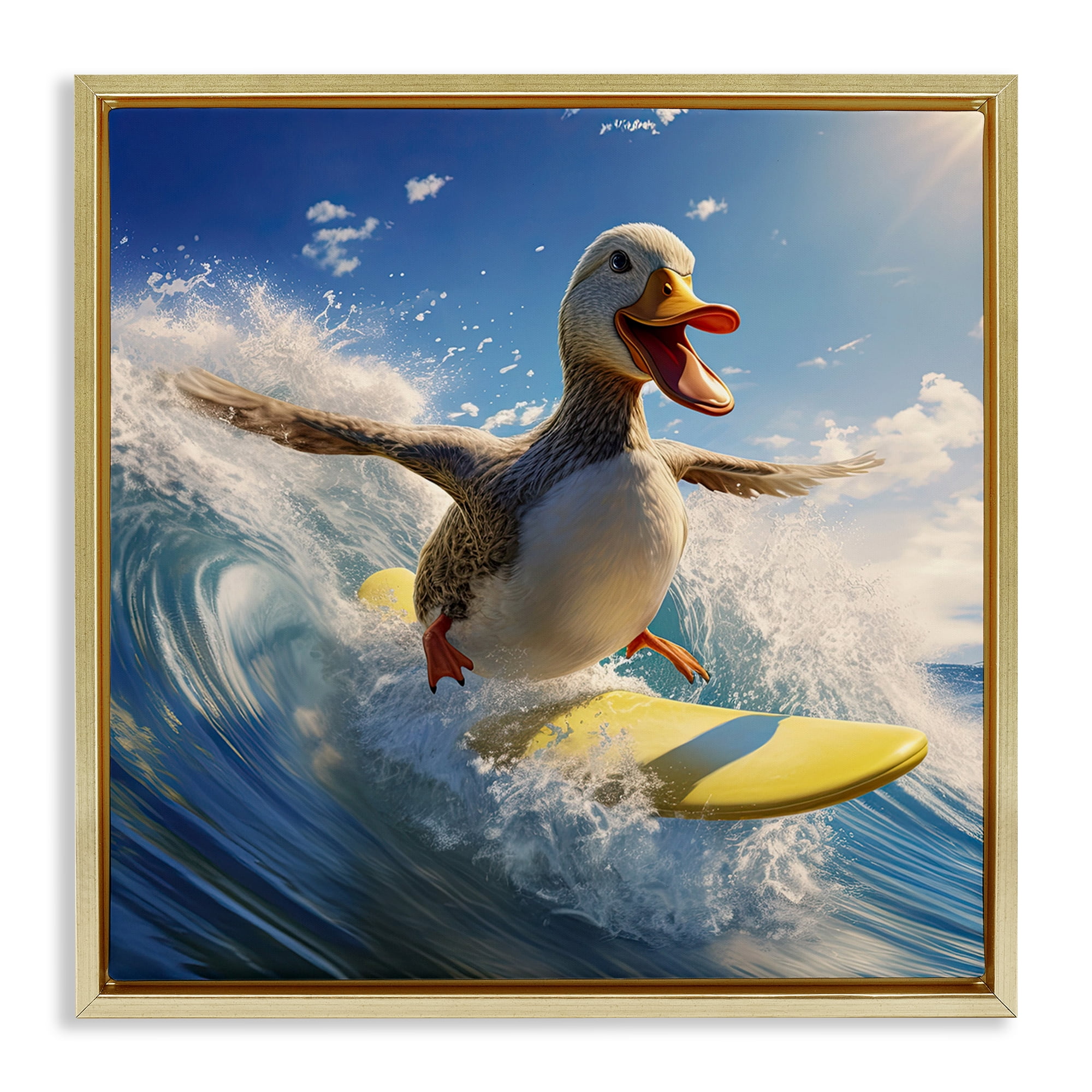 Stupell Industries Happy Surfing Duck Coastal Painting Gold Floater Framed Canvas Art Print Wall Art, 18 x 18