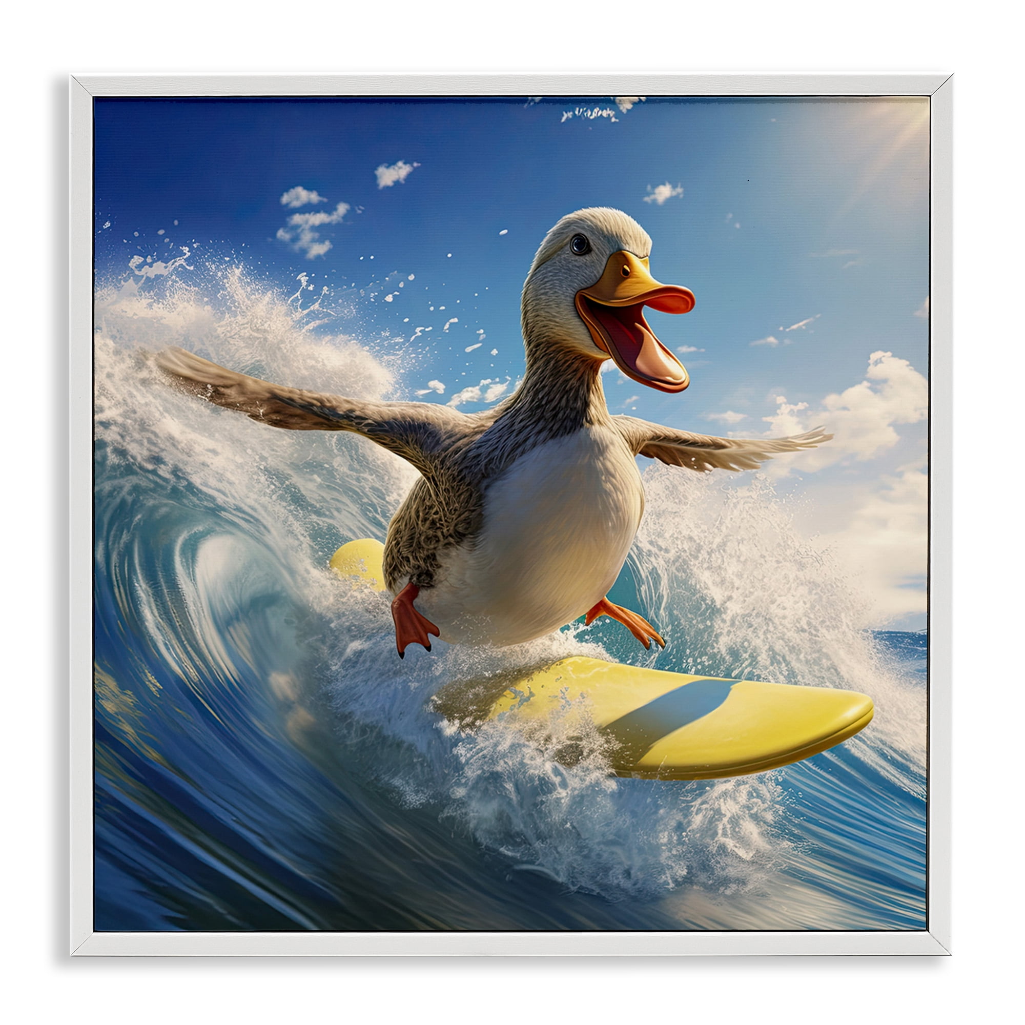 Stupell Industries Happy Surfing Duck Coastal Painting White Framed Art Print Wall Art, 12 x 12