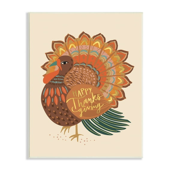 Stupell Industries Happy Thanksgiving Festive Orange Wild Turkey Patterned, 10 x 15, Designed by Caroline Alfreds