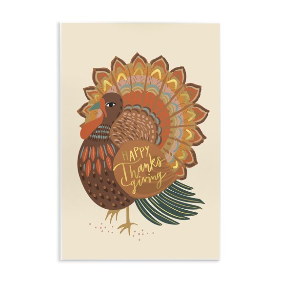 Stupell Industries Bohemian Happy Thanksgiving Festive Orange Wild Turkey Patterned Wall Plaque Art, 10 x 15, by Caroline Alfreds