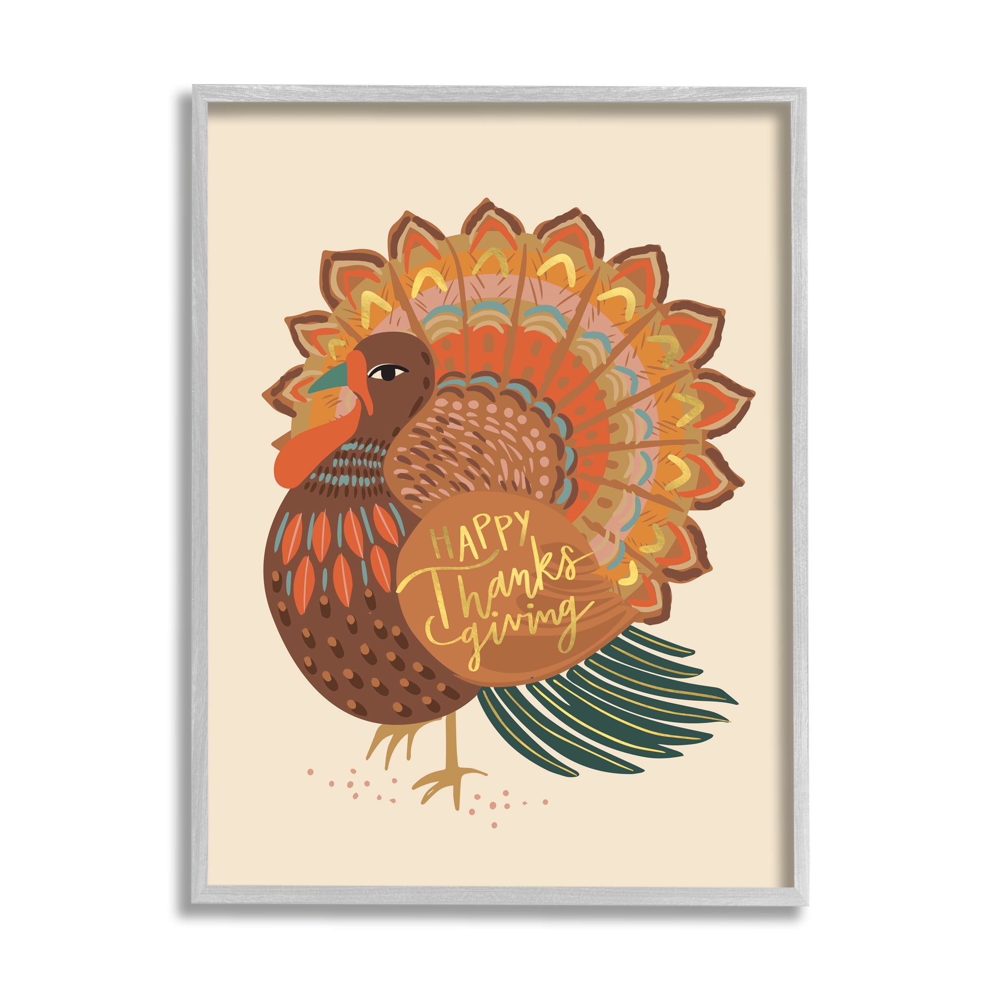 Stupell Industries Happy Thanksgiving Festive Orange Wild Turkey Patterned, 16 x 20, Designed by Caroline Alfreds