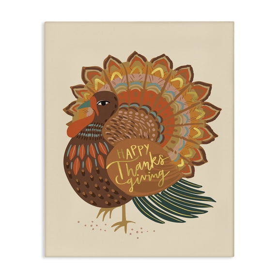 Stupell Industries Bohemian Happy Thanksgiving Festive Orange Wild Turkey Patterned Canvas Art, 36 x 48, by Caroline Alfreds
