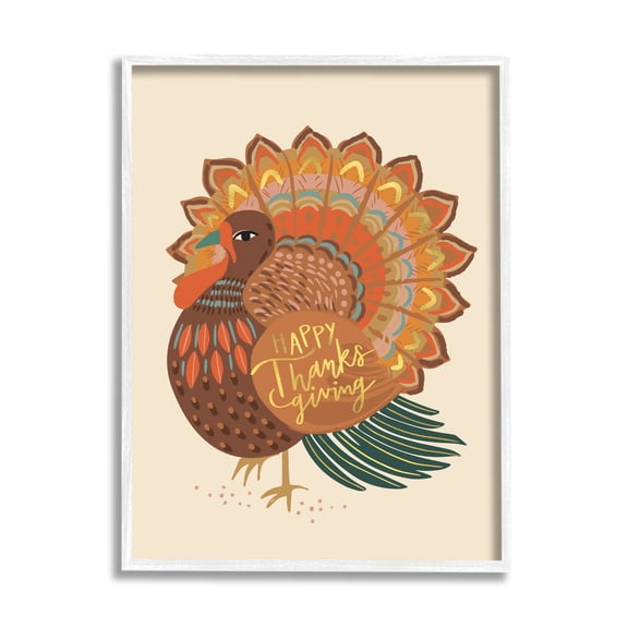 Stupell Industries Happy Thanksgiving Festive Orange Wild Turkey Patterned Graphic Art White Framed Art Print Wall Art, 11x14, by Caroline Alfreds