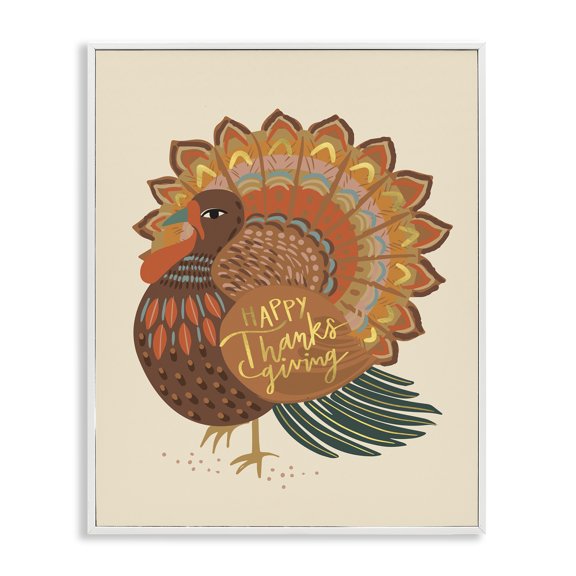 Stupell Industries Bohemian Happy Thanksgiving Festive Orange Wild Turkey Patterned White Framed Giclee Art, 11 x 14, by Caroline Alfreds