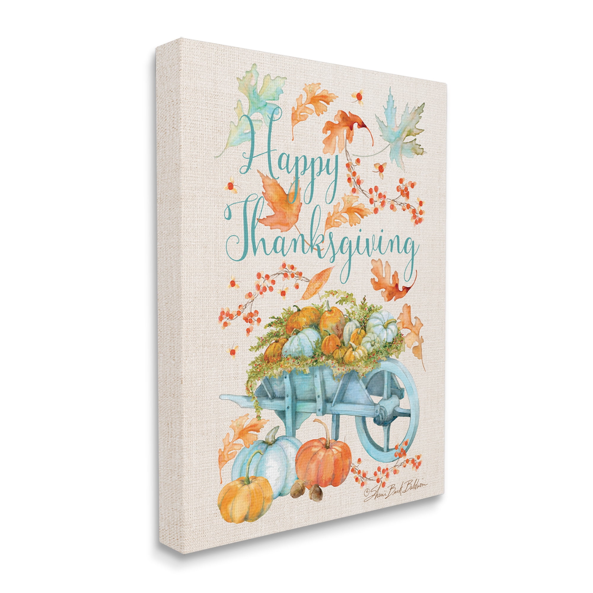 Stupell Industries Happy Thanksgiving Phrase Holiday Pumpkin Wagon Holiday Painting Gallery Wrapped Canvas Art Print Wall Art, 16 x 20