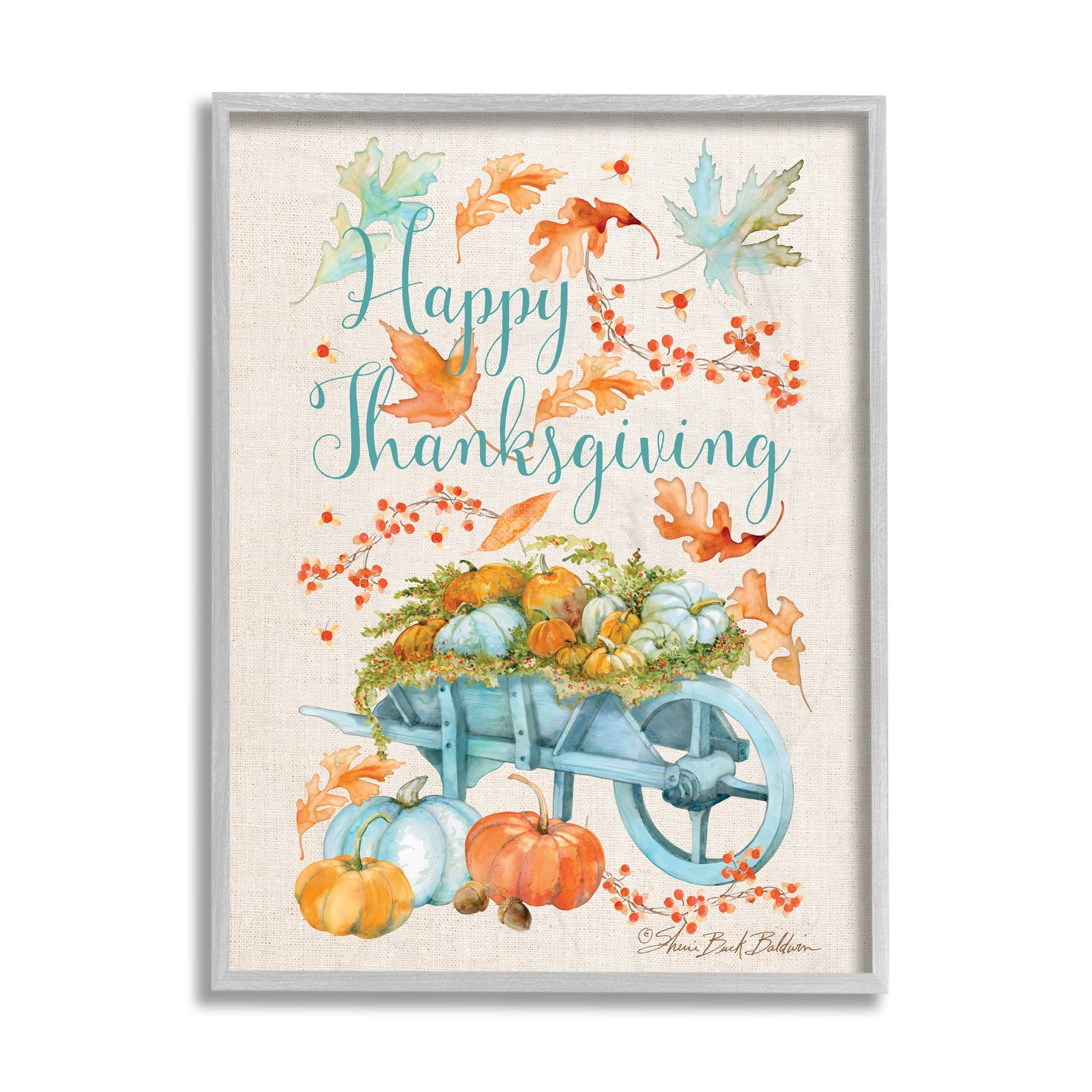 Stupell Industries Happy Thanksgiving Phrase Holiday Pumpkin Wagon Holiday Painting Gray Framed Art Print Wall Art, 11 x 14