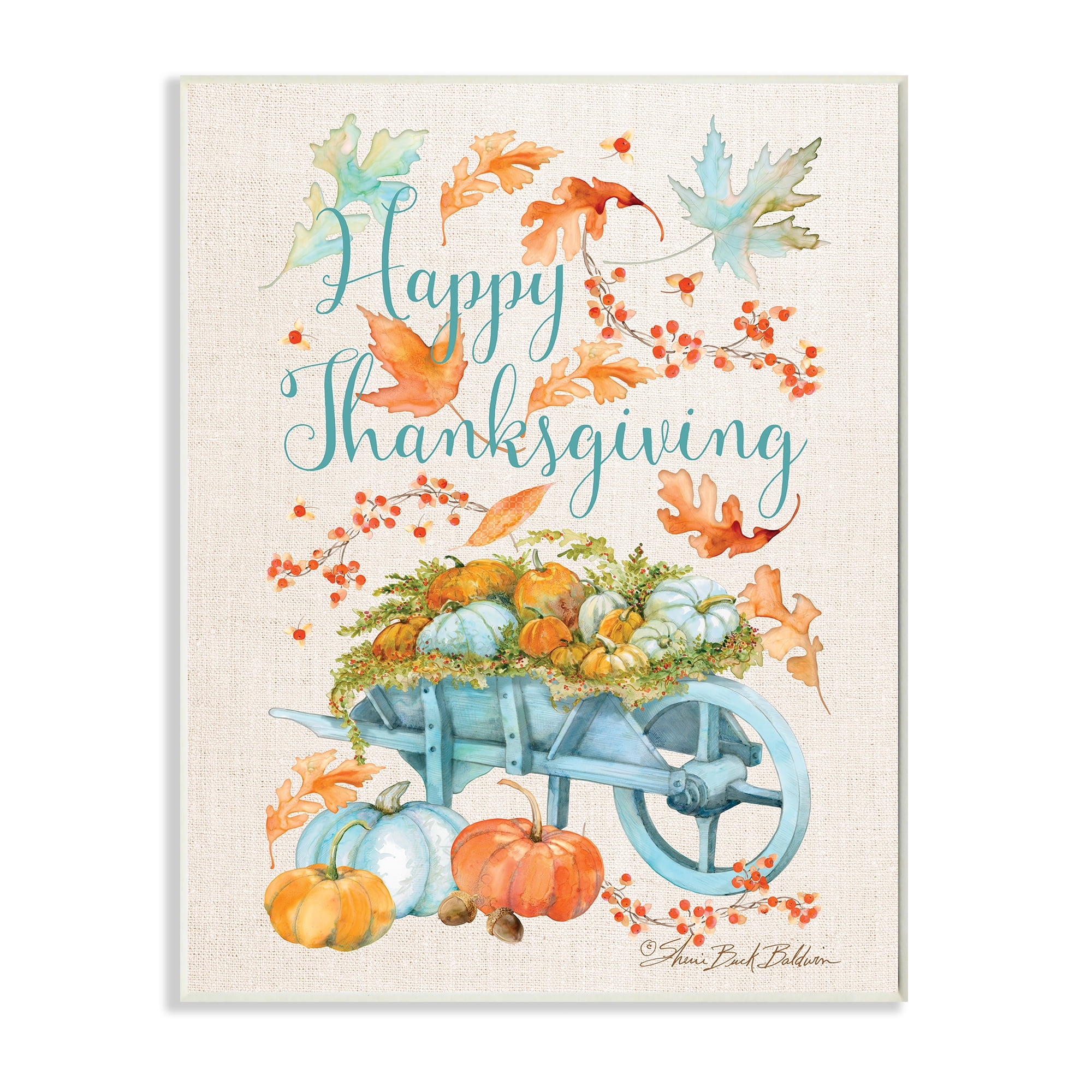 Stupell Industries Happy Thanksgiving Phrase Holiday Pumpkin Wagon Holiday Painting Wall Plaque Art Print Wall Art, 10 x 15