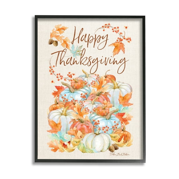 Stupell Industries Happy Thanksgiving Phrase White Autumn Pumpkins Holiday Painting Black Framed Art Print Wall Art, 11 x 14