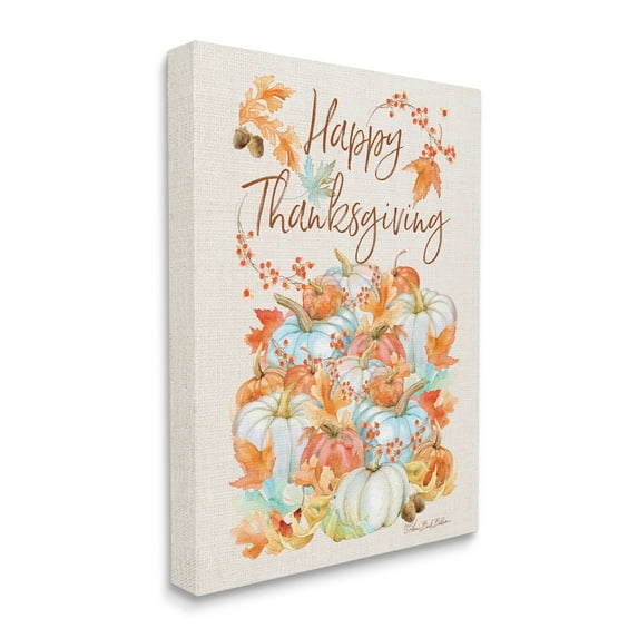 Stupell Industries Happy Thanksgiving Phrase White Autumn Pumpkins Holiday Painting Gallery Wrapped Canvas Art Print Wall Art, 36 x 48
