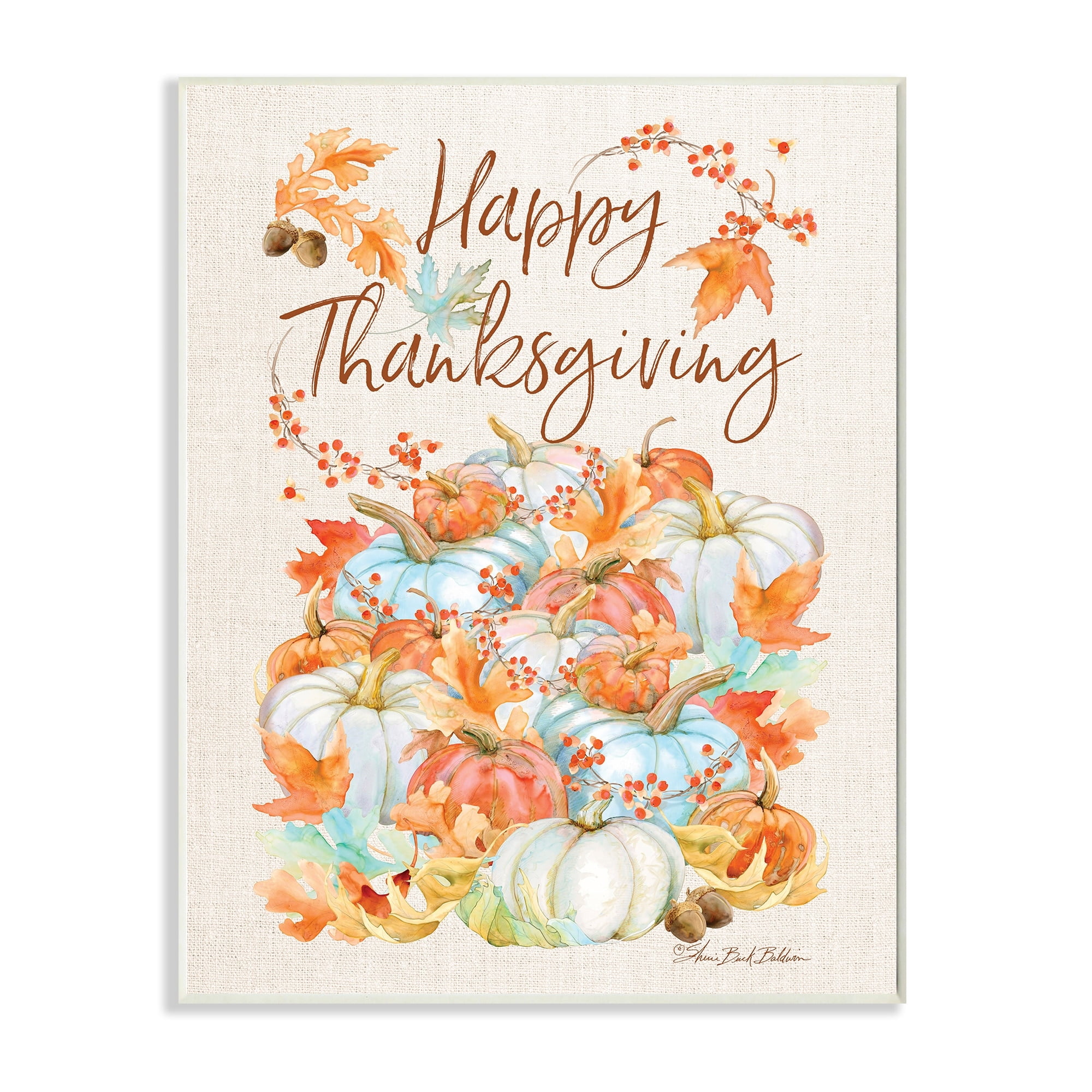Stupell Industries Happy Thanksgiving Phrase White Autumn Pumpkins Holiday Painting Wall Plaque Art Print Wall Art, 10 x 15