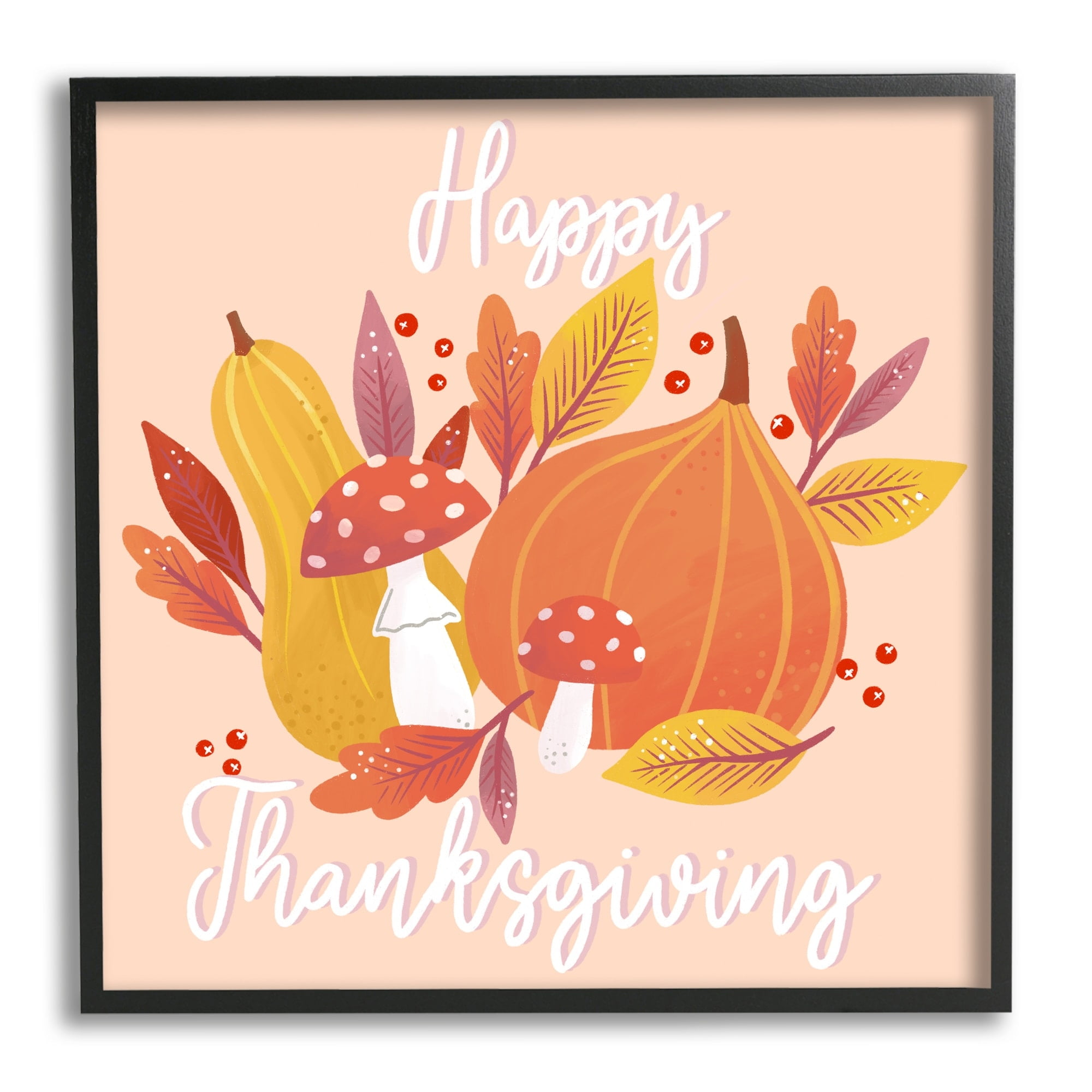Stupell Industries Happy Thanksgiving Whimsical Autumnal Mushroom Botanicals Graphic Art Black Framed Art Print Wall Art, Design by Dominika Godette