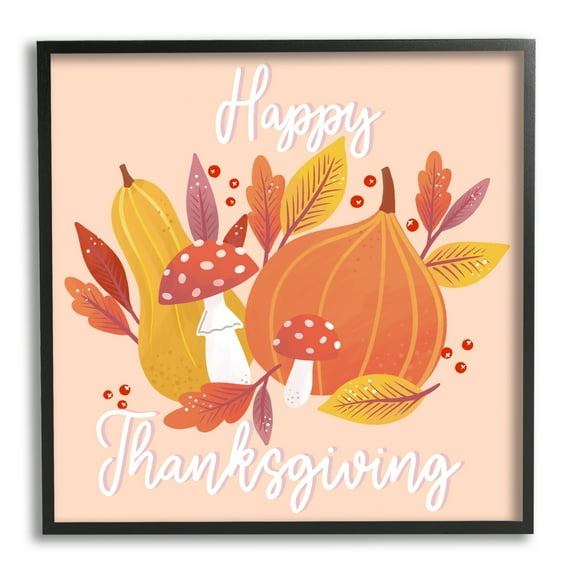 Stupell Industries Happy Thanksgiving Whimsical Autumnal Mushroom Botanicals Graphic Art Black Framed Art Print Wall Art, Design by Dominika Godette