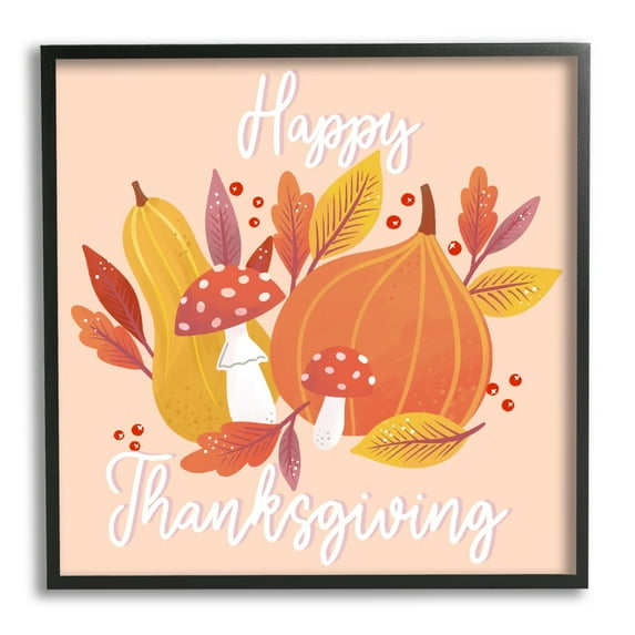 Stupell Industries Happy Thanksgiving Whimsical Autumnal Mushroom Botanicals Graphic Art Black Framed Art Print Wall Art, Design by Dominika Godette